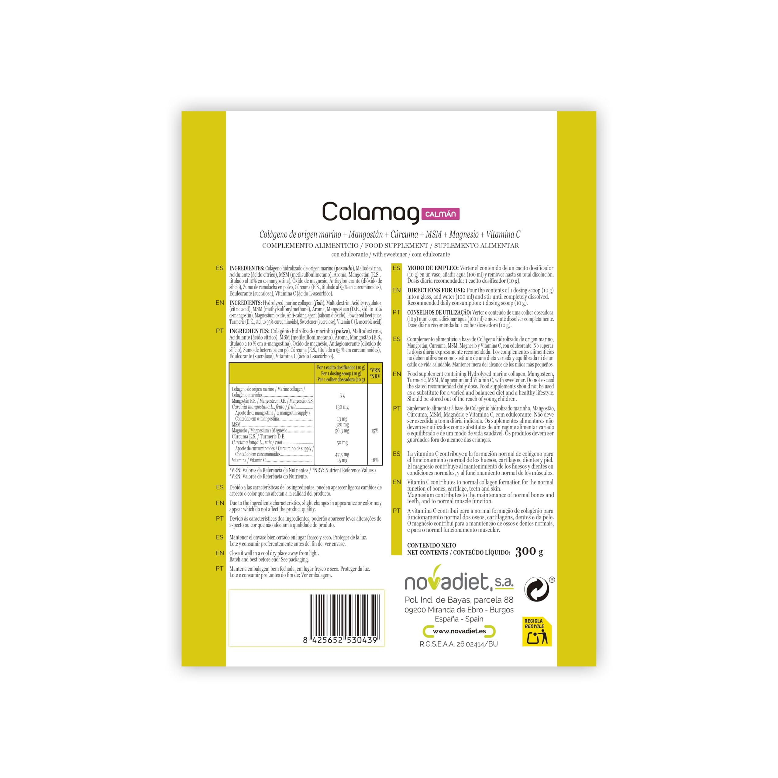 Novadiet - COLAMAG CALMÁN con Colágeno Origen Marino, Mangostán, Cúrcuma, Vitamina C, Magnesio, Piel, Huesos, Músculos, Articulaciones, Cartílagos, Ayuda Formación del Colágeno 300gr (Doypack 300gr)