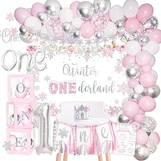 Winter Onederland Birthday Decorations, Winter Onederland 1st Birthday Decorations for Girl, Winter Onederland First Birthday Decor, Snowflake Photo Banner Highchair Banner Balloon Garland Balloon Box