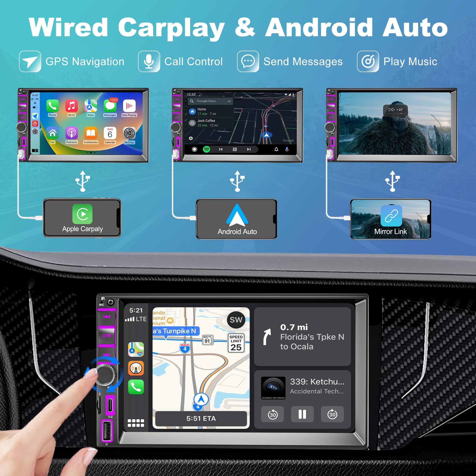 Autoradio 2 Din with Apple CarPlay and Android Auto, 7 Inch LCD Touchscreen RDS FM/AM Vehicle Radio with Type-C Phone Charge,Bluetooth, Mirror-Link, Waterproof Backup Camera, Audio Receiver, GPS Navi