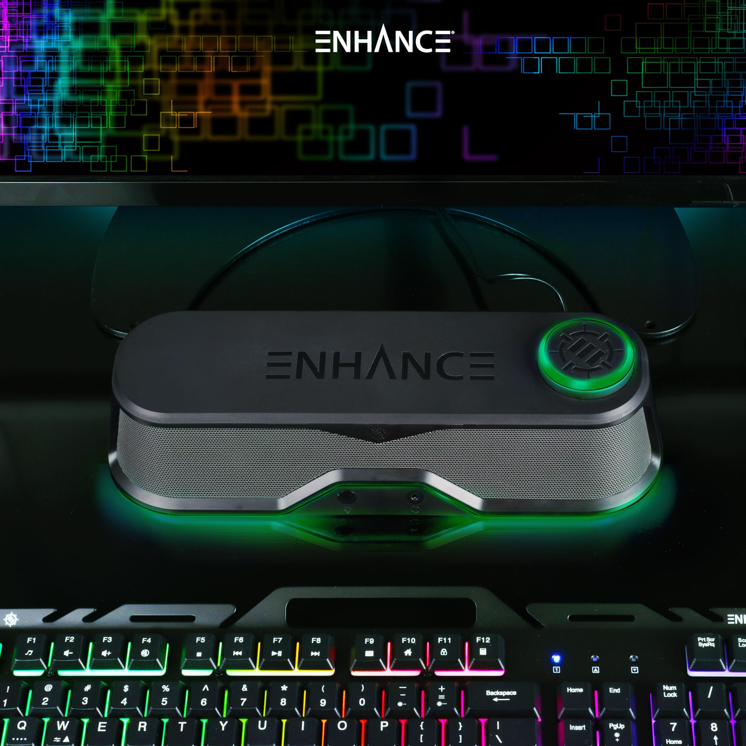 ENHANCE SB1 - Altavoz para ordenador de alta excursión, barra de sonido para ordenador con alimentación USB, altavoz bajo monitor con pico de 10 W, control de volumen LED, auriculares pase a través de