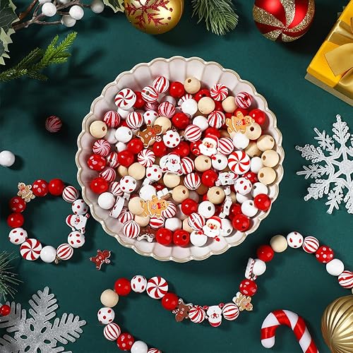 Miniatura 7 de 200 cuentas de madera y 4 recortes de bastón de caramelo y pan de jengibre para decoración de guirnaldas navideñas