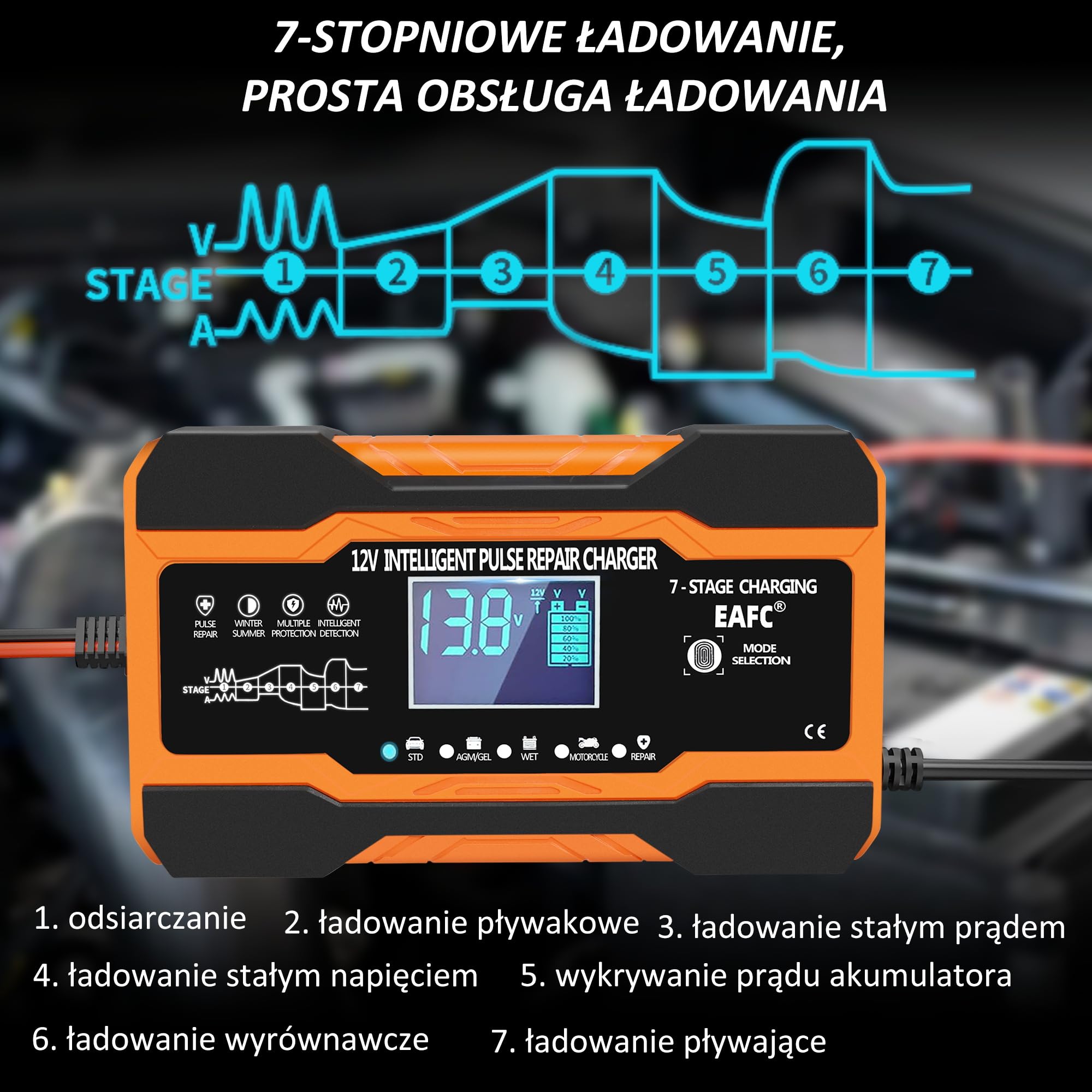 Ładowarka samochodowa 12A 12V automatyczna inteligentna z kompensacją temperatury do akumulatorów ołowiowo-kwasowych