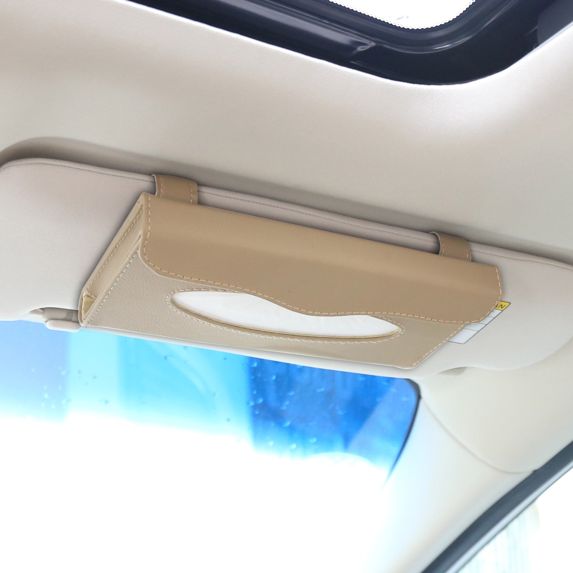 CORUX PU Leather Car Visor & Seat Back Tissue Case Holder with One Tissue Refill (Beige)