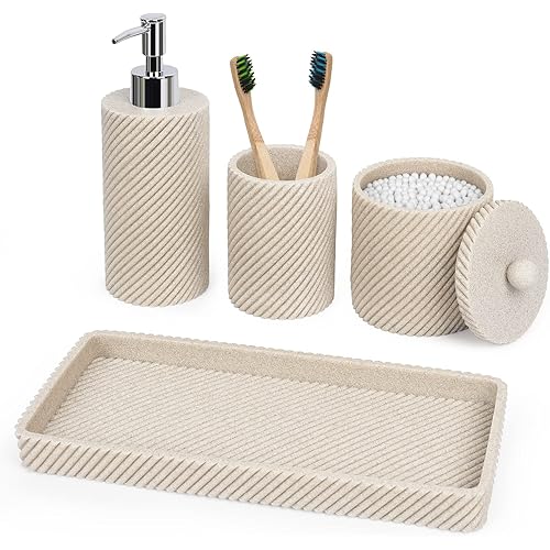 Bathroom Accessories Set 4Pcs-Lotion Soap Dispenser,Toothbrush Holder,Qtip Holder Dispenser,Vanity Tray for Decor Bathroom Countertop,Vanity Organizer-Beige