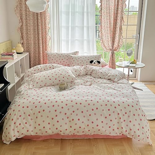 AOJIM Juego de funda de edredón rosa, juego de cama 100% algodón, funda de edredón estética con bonita fresa, juego de funda de edredón de 3 piezas