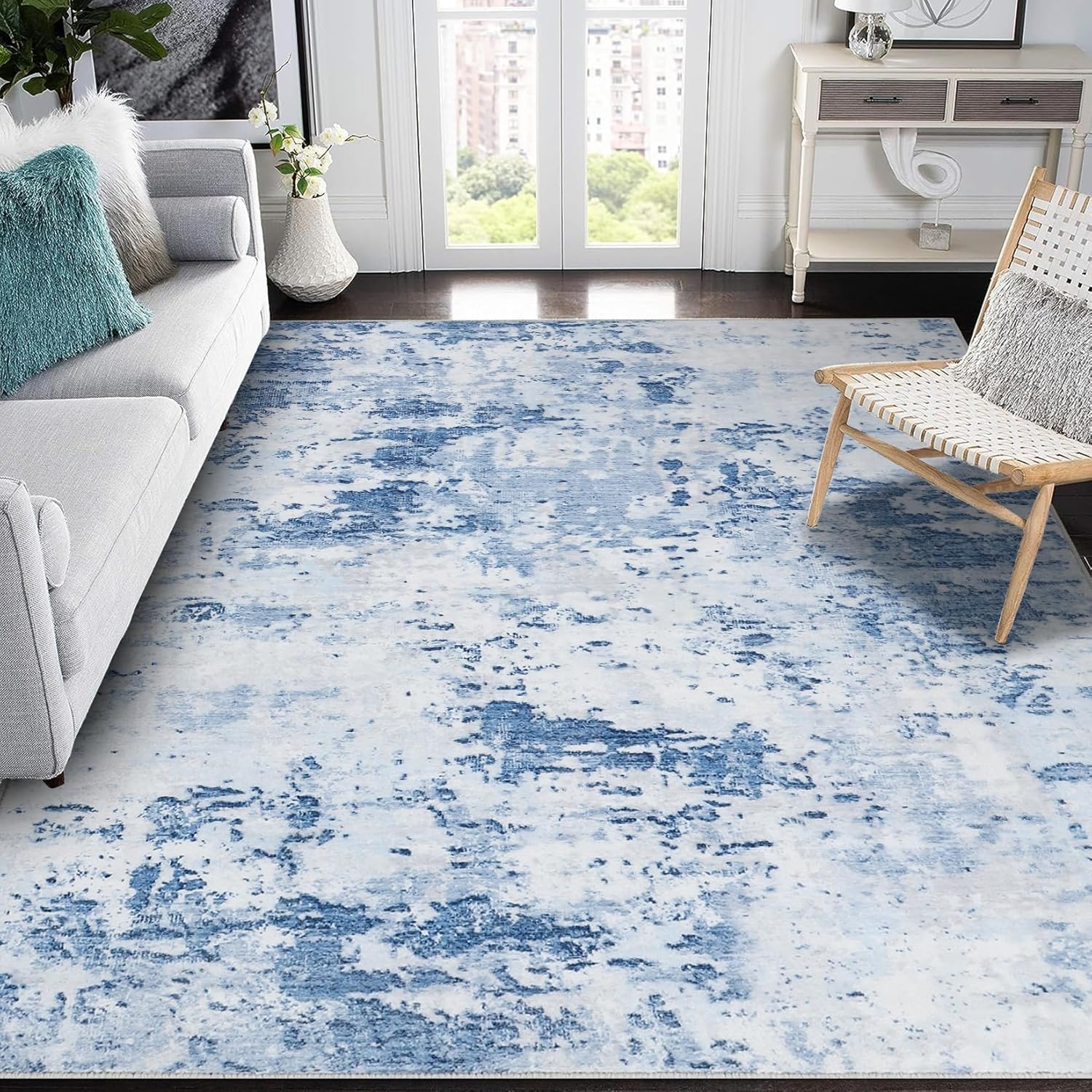 Tappeto Decorazioni interni Grande Salotto Soggiorno, Lavabile,Personalizzato,astratta moderna, blu e bianca, 200 x 290 cm