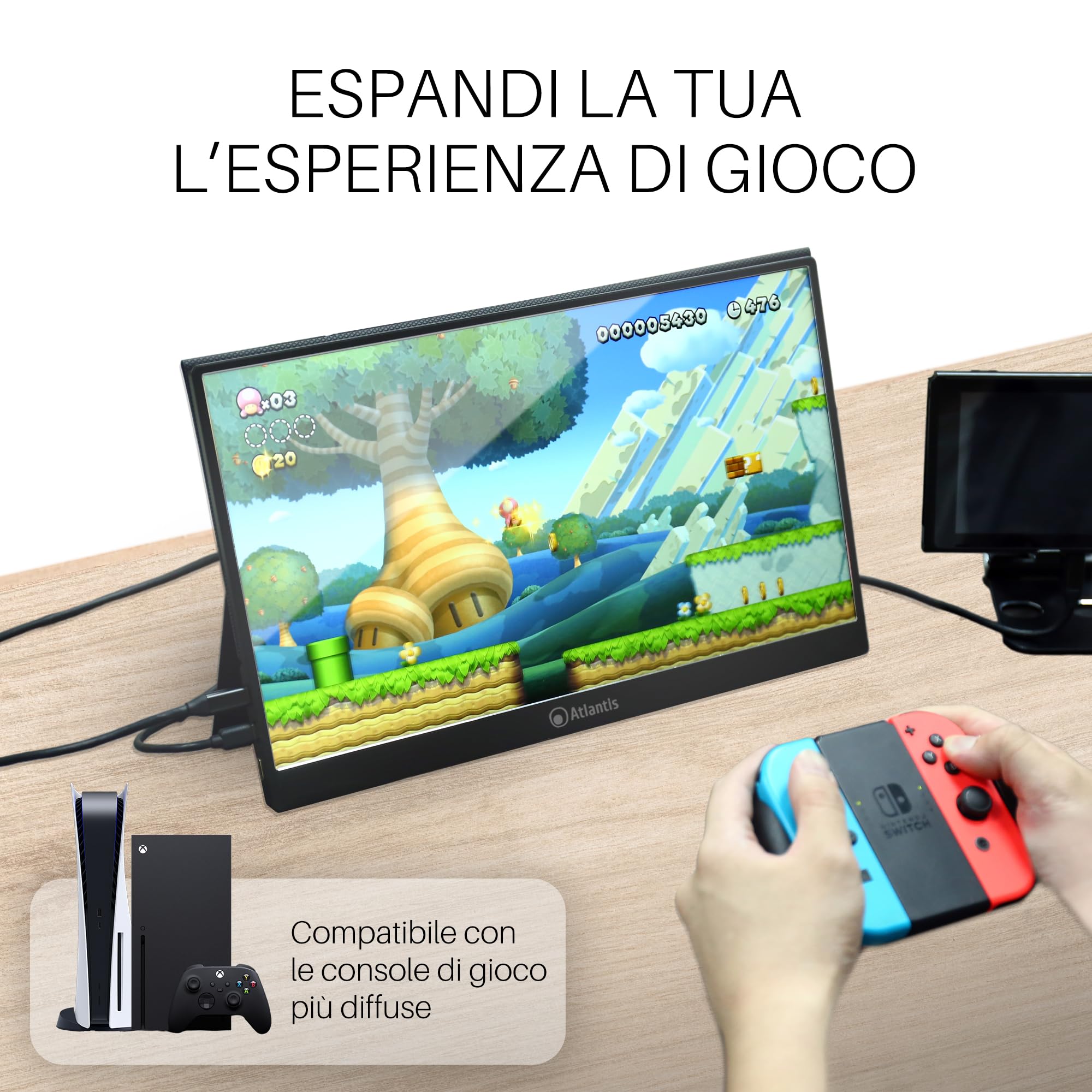 Atlantis Monitor Portatile 16 Pollici, 1080P Full HD 1920x1080, HDMI/Type_C, Speaker 2x1W, Smart Cover, display IPS, per Notebook/Lapto/Console/Switch/Angolo 170/170, Cavo HDMI 1,5m/Type_C, peso< 1Kg.