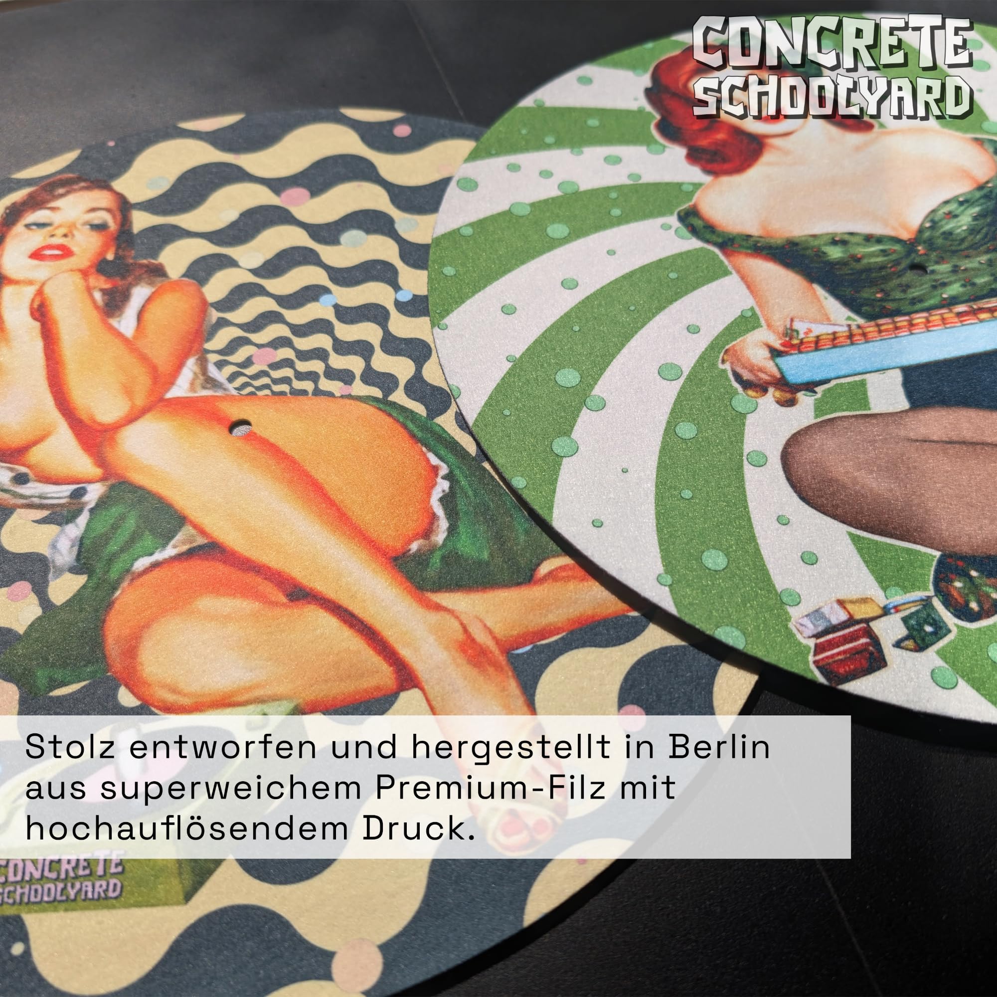 Northern Soul Pin Up Girl Slipmats Double face pour tourne-disque | Tapis de gymnastique en feutre souple de qualité supérieure | Tapis de platine Mod style années 1960 | Fabriqué à Berlin par