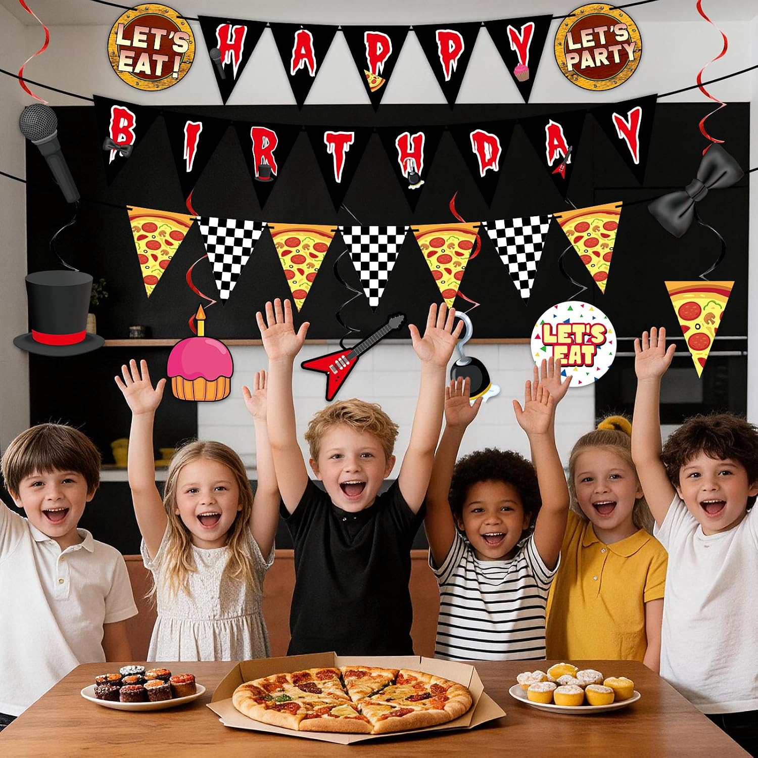 19 Pcs Five Theme Party Decoration Night Supplies Happy Birthday String Flags Nights Theme Spiral Swirl Set Horror Game Swirl Cards Games Themed Backdrop Pennant for Game Fans Birthday Party Supplies