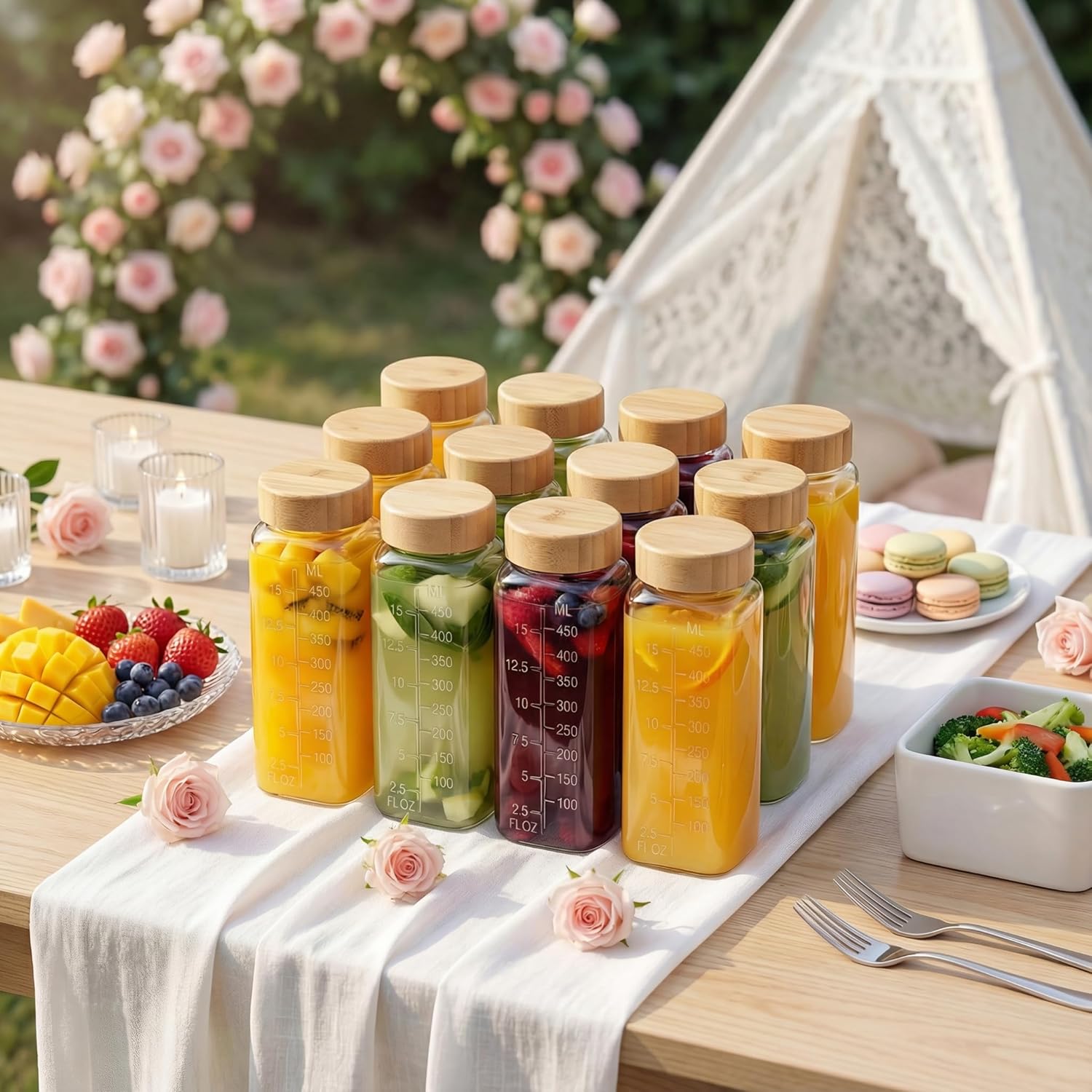 16oz Square Glass Juice Bottles with Lids, 6 Pack Reusable Juice Containers with Bamboo Lids, Glass Juicing jars with 4 Straws & 2 Airtight Lid with Hole for Drinking - Image 8