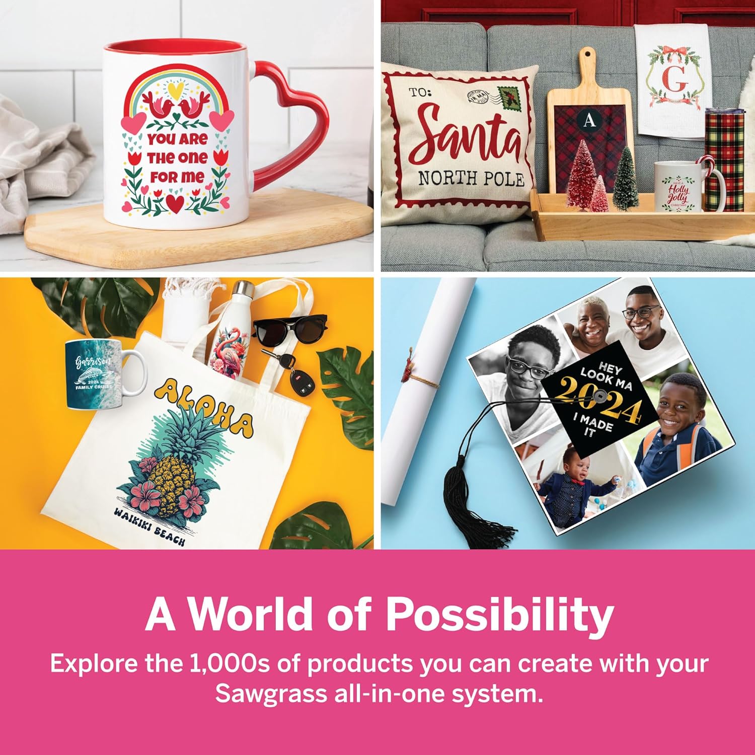 Collage of various sublimated products including mugs, license plates, mouse pads, and a graduation cap.