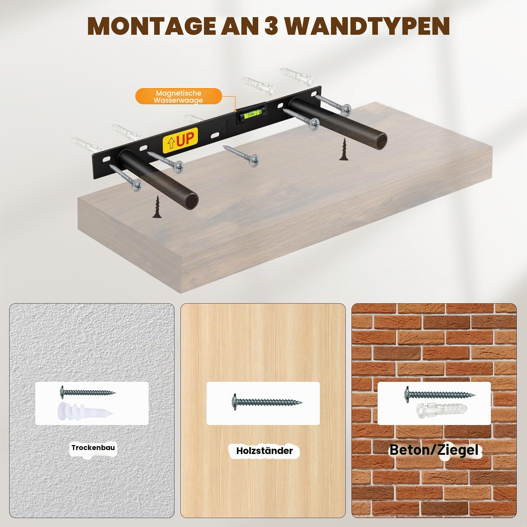 RICHER HOUSE Eiche Wandregale,120 x 23,5 x 3,8cm Wandboard MDF Holz,2er-Set | Holzregal Wand mit unsichtbaren Halterungen, Schweberegal für Schlafzimmer, Wohnzimmer, Badezimmer, Küche, Waschküche, Büro