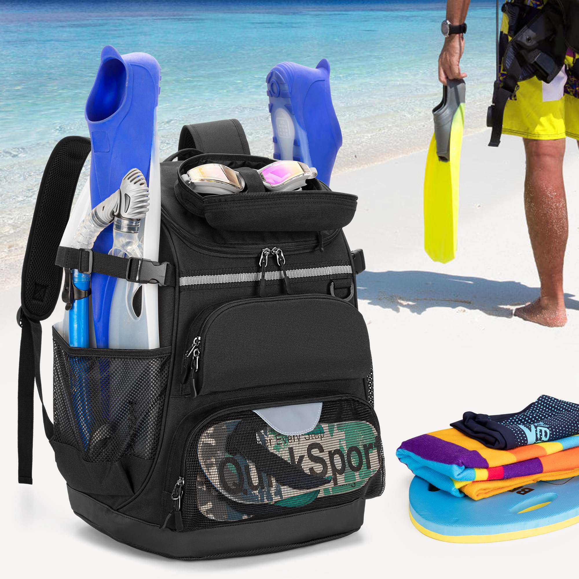 GOBUROS Mochila de natación con espacio separado para zapatos, bolsa de equipo de natación para piscina, playa, mochila deportiva para atletas de natación para hombres y mujeres, color negro