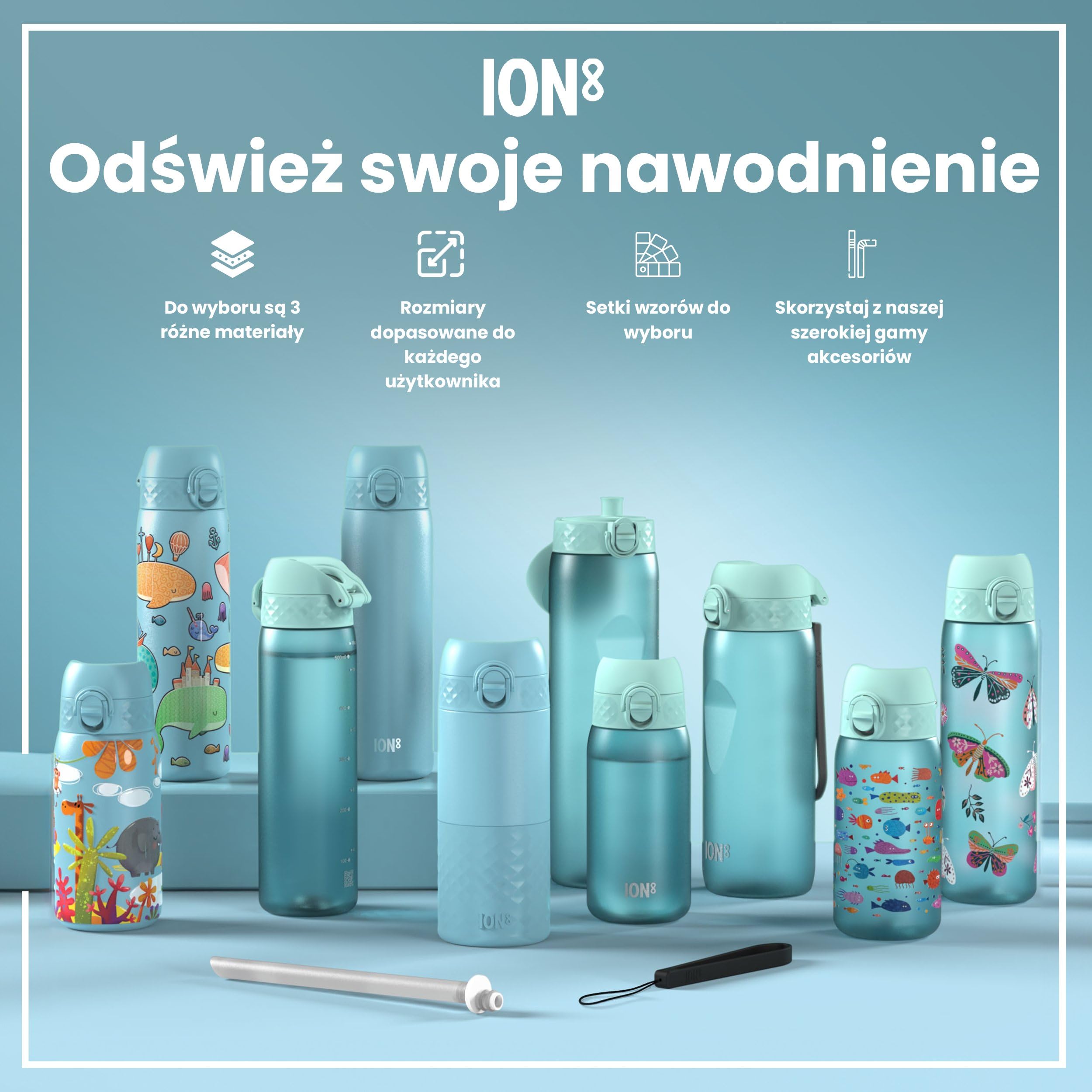 ION8 Butelka dla Dzieci, 350 ml/12 oz, Szczelna, Łatwa do Otwarcia, Bezpieczny Zamek, Można Myć w Zmywarce, Bez BPA, Uchwyt do Przenoszenia, Łatwa do Czyszczenia, Bezwonny, Syreny