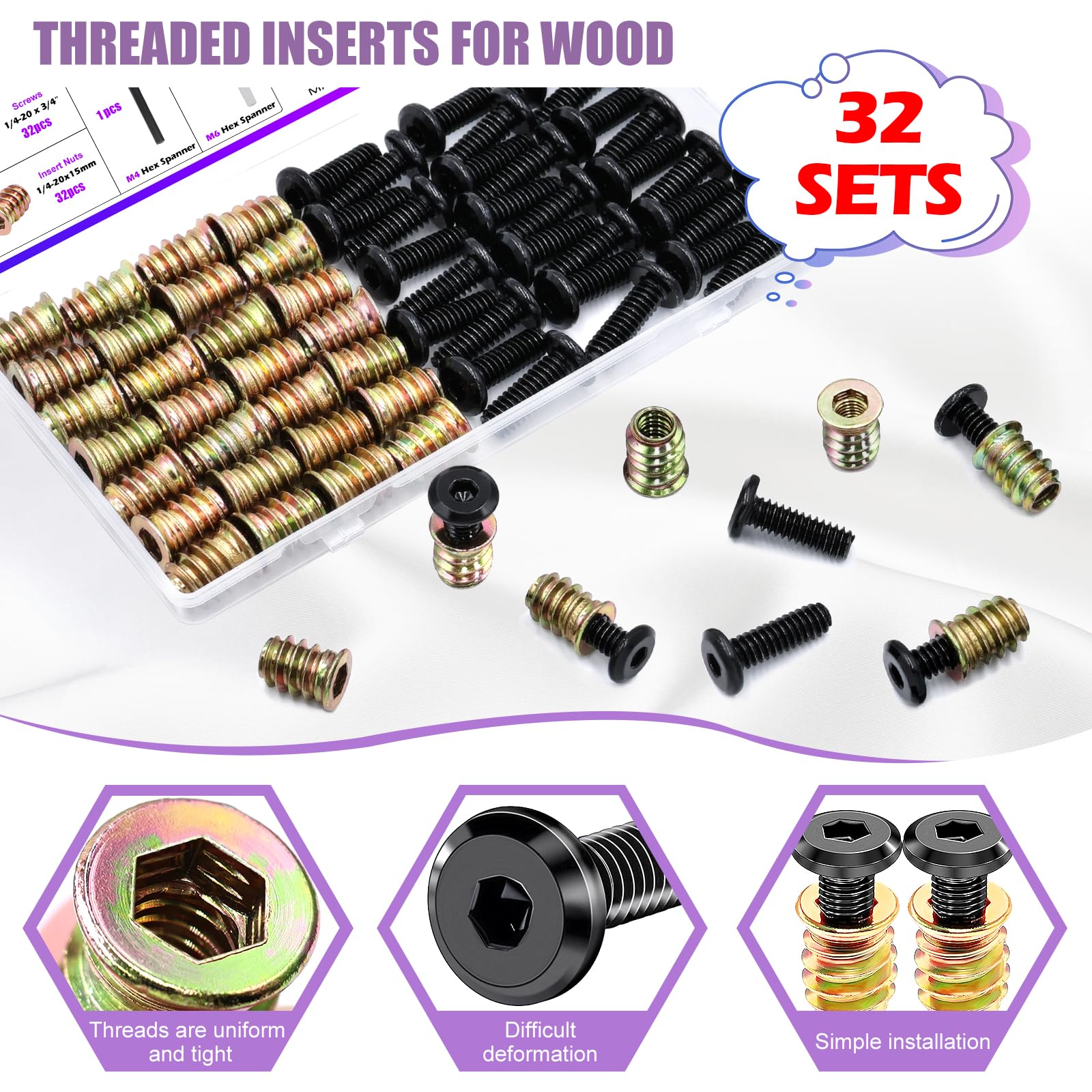 Furniture Screw Nuts - 32 Sets Wood Inserts -3 Furniture Screw Nuts - 32 Sets Wood Inserts -3