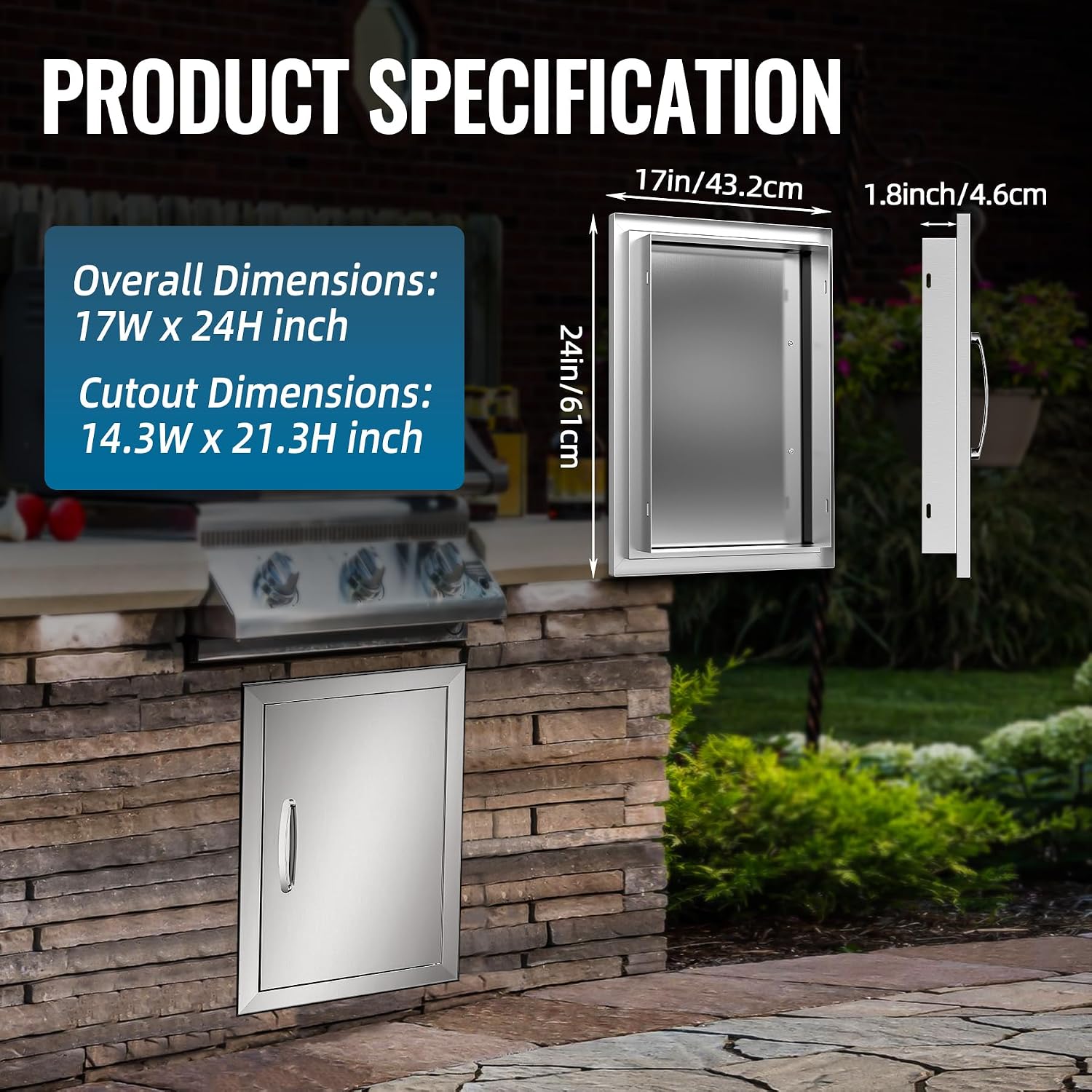 Outdoor Kitchen Doors, 17W x 24H Inch 304 Stainless Steel BBQ Access Door with Handle, Double Wall Construction Vertical Door for Outdoor Kitchen, Outside Cabinet, Grilling Station