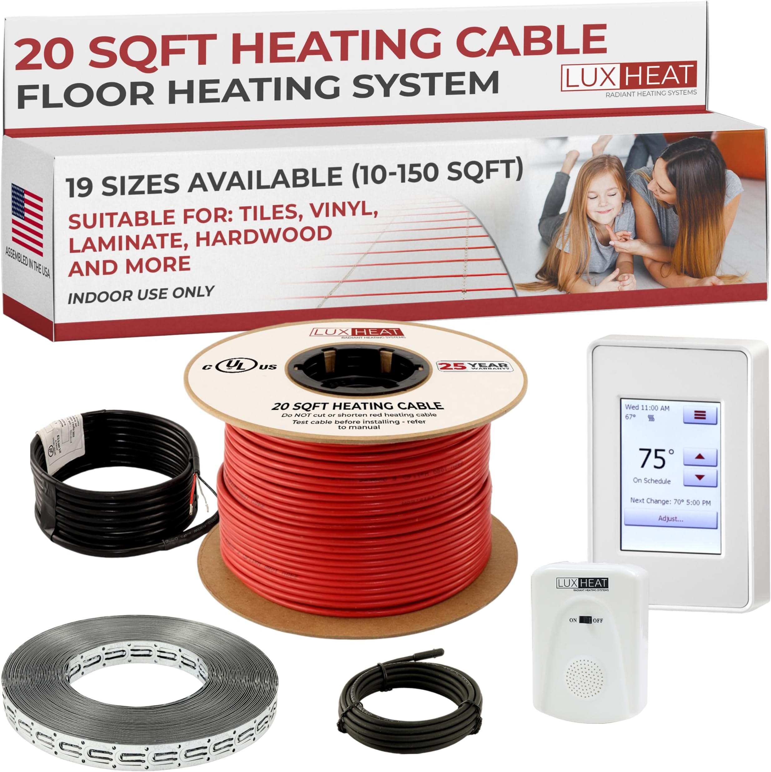 LuxHeat Floor Heating Cable Set, 20 Sqft - 120v Electric Radiant Floor Heating System Under Tile. Set Includes, Floor Heating Cable, Strapping, UDG4 OJ Microline Programmable Thermostat with GFCI
