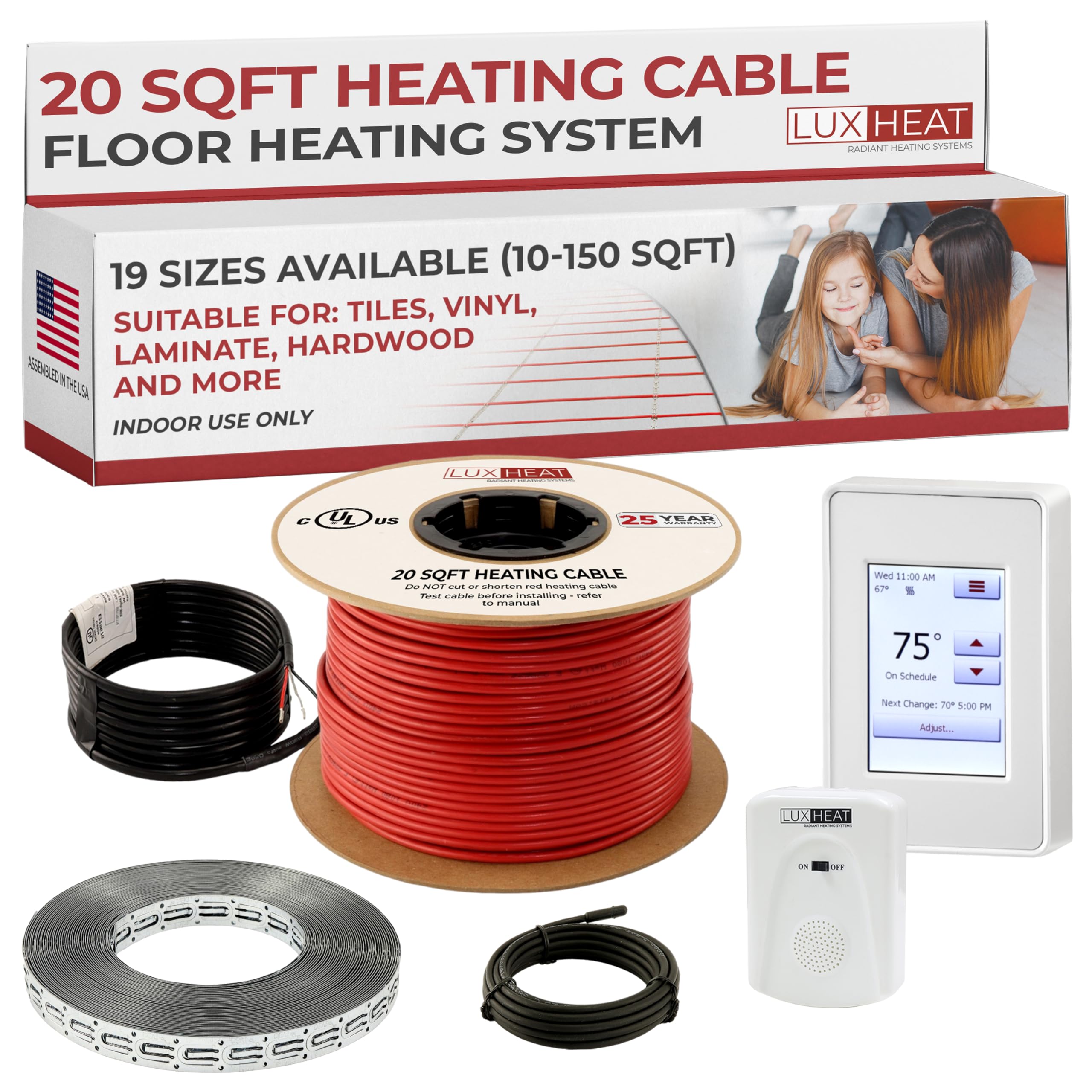 LuxHeat Floor Heating Cable Set, 20 Sqft - 120v Electric Radiant Floor Heating System Under Tile. Set Includes, Floor Heating Cable, Strapping, UDG4 OJ Microline Programmable Thermostat with GFCI
