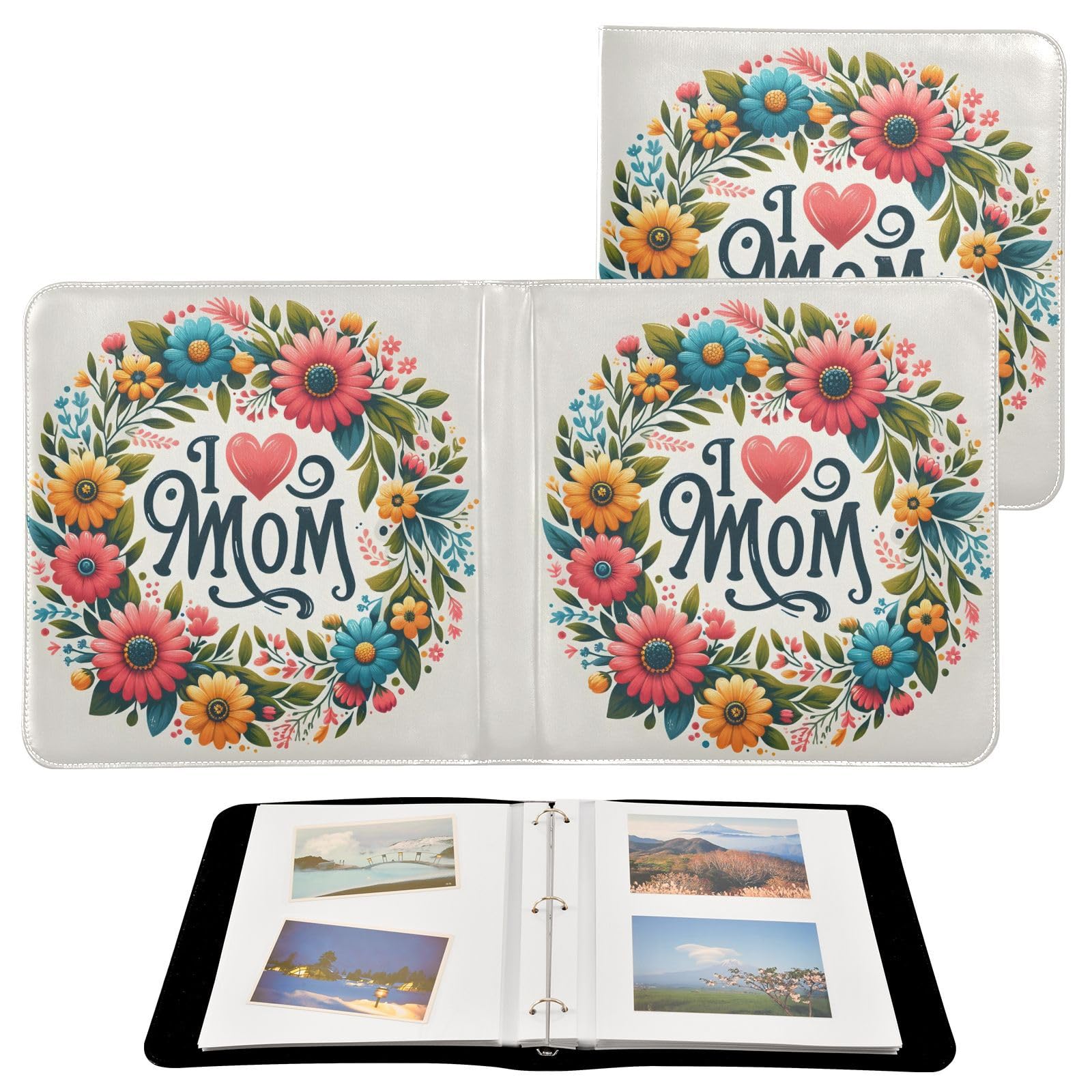 JIPONI I Love Mom Floral Hoop Large Photo Album, DIY Leather Cover Scrapbook Albums for 4x6 5x7 6x8 Pictures, Self Adhesive Memory Book for Wedding, Baby, Family