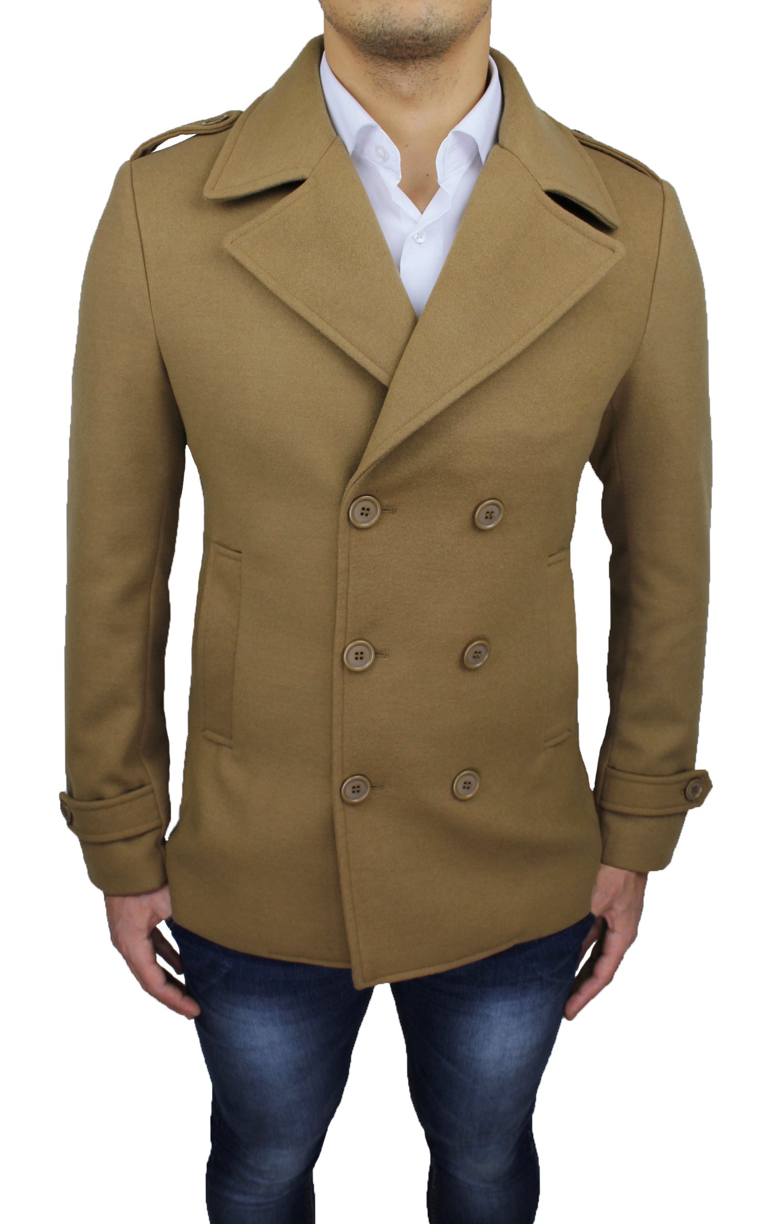 Cappotto Uomo Cammello Casual Elegante Doppiopetto Beige Slim Fit Invernale