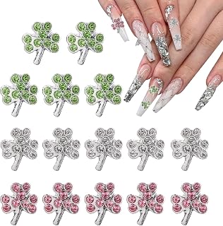 15Pcs Clover Nail Charms Alloy Silver St.Patrick's Day Nail Charms for Acrylic Nails Green Shamrock Nail Jewelry Nail Gems Rhinestones 3D Shamrock Nail Art for Women Girls Nail Accessories Crafts