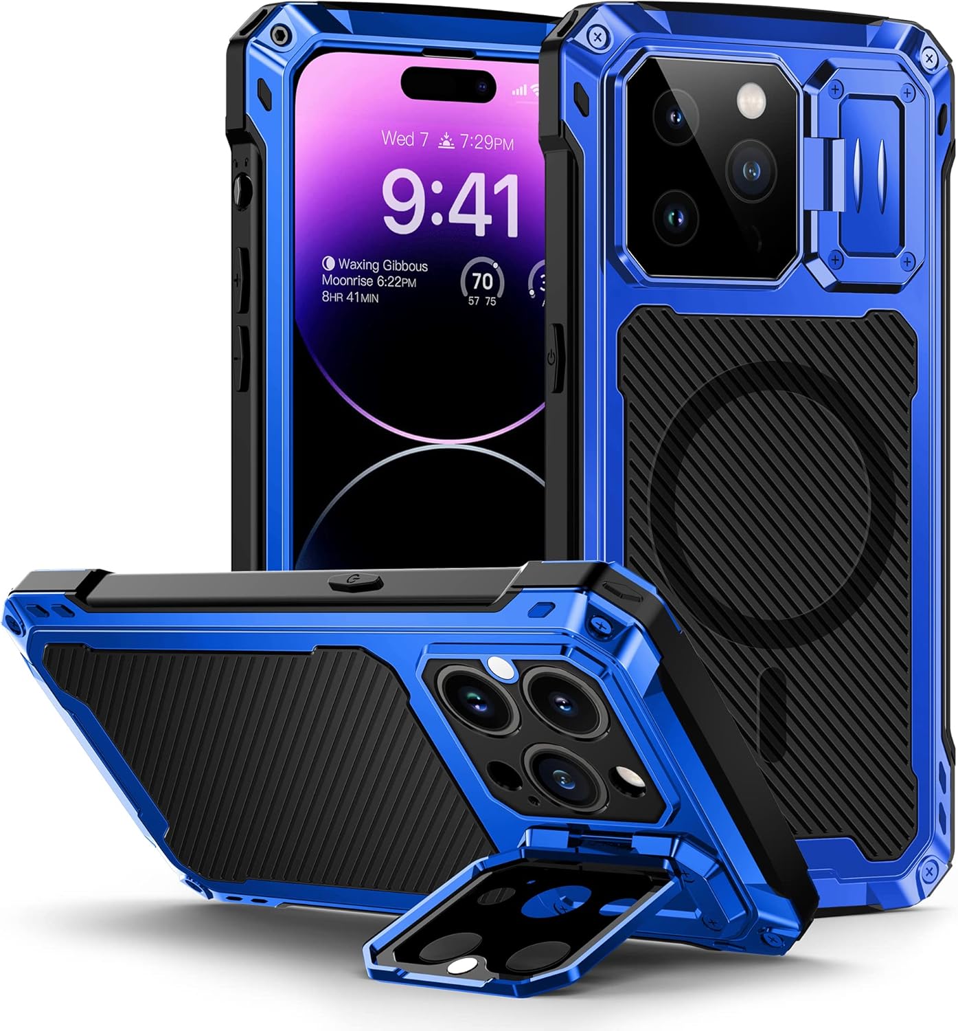 Lanhiem for iPhone 14 Pro Max Metal Case, [Built-in Camera Kickstand & Tempered Glass Screen Protector] Protective Rugged Heavy Duty Full Body Magsafe Military Cover for iPhone 14 Pro Max 6.7"(Blue) for iPhone 14 Pro Max Blue