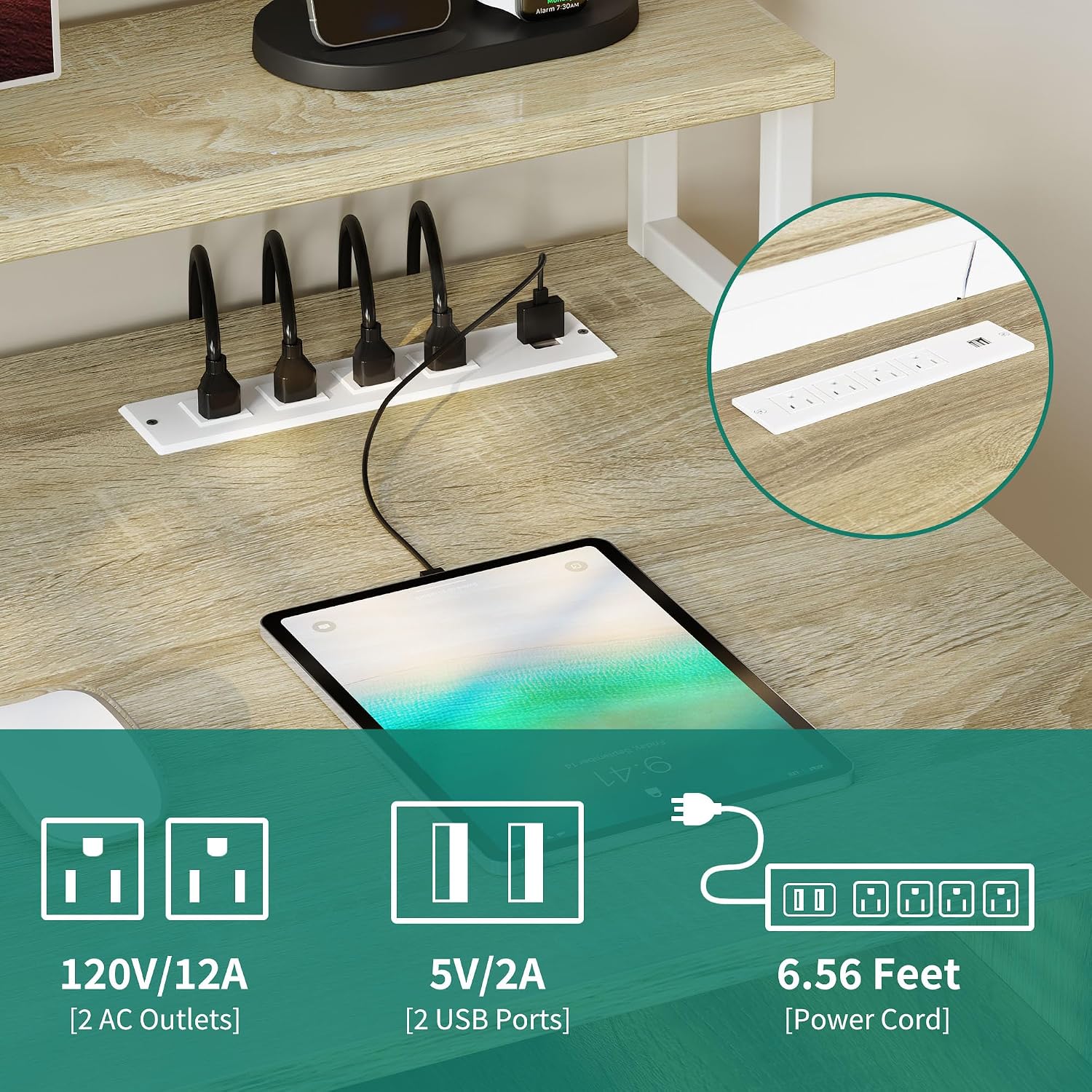 DWVO Computer Desk with Drawers, 47.2" Office Desk with Power Outlets & LED Light, Home Office Desk with Storage Shelves, White & Oak