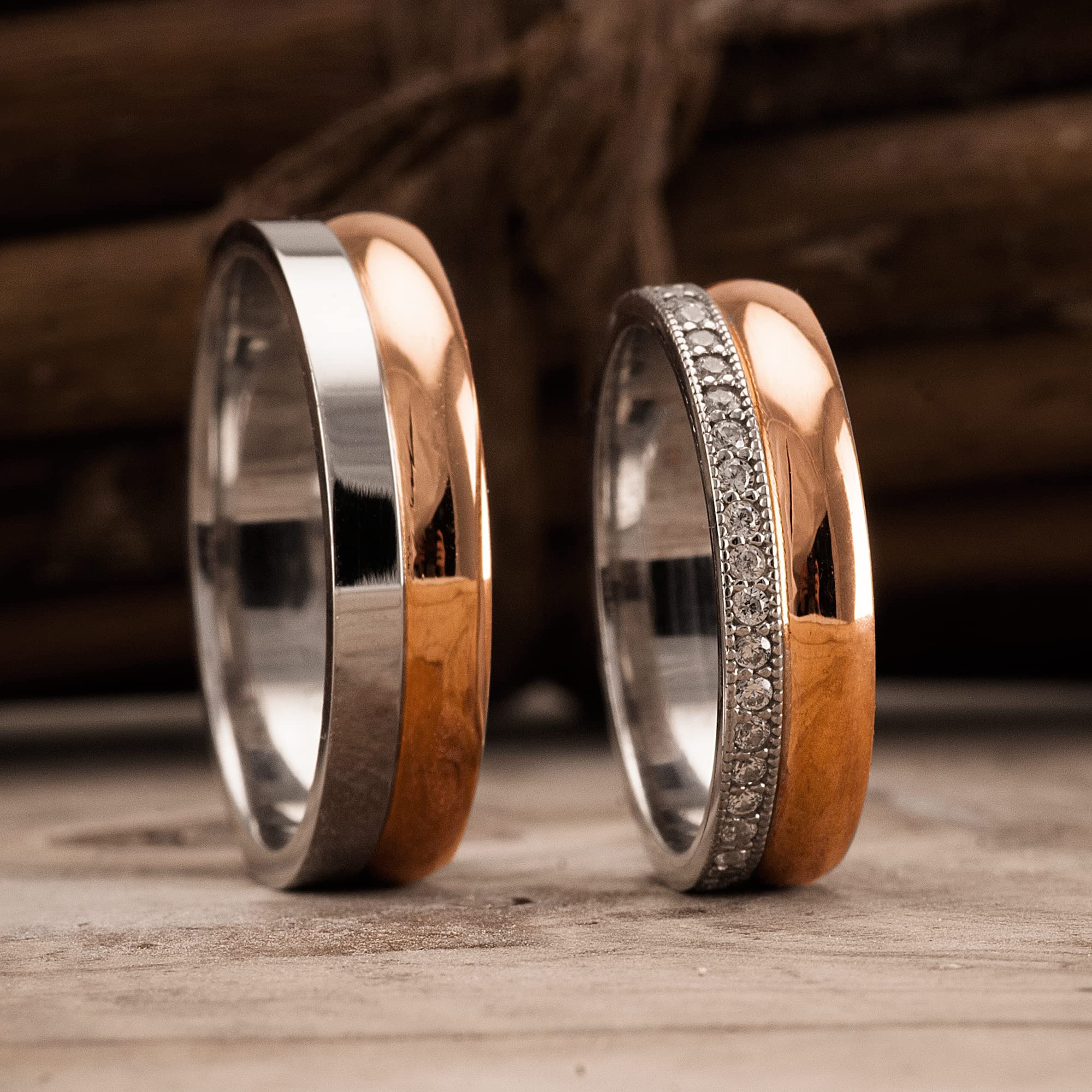 Conjunto de anillos de boda Chapado en oro rosa Conjunto de alianzas de boda a juego Conjunto de anillos de bodas de plata personalizados para hombre y mujer
