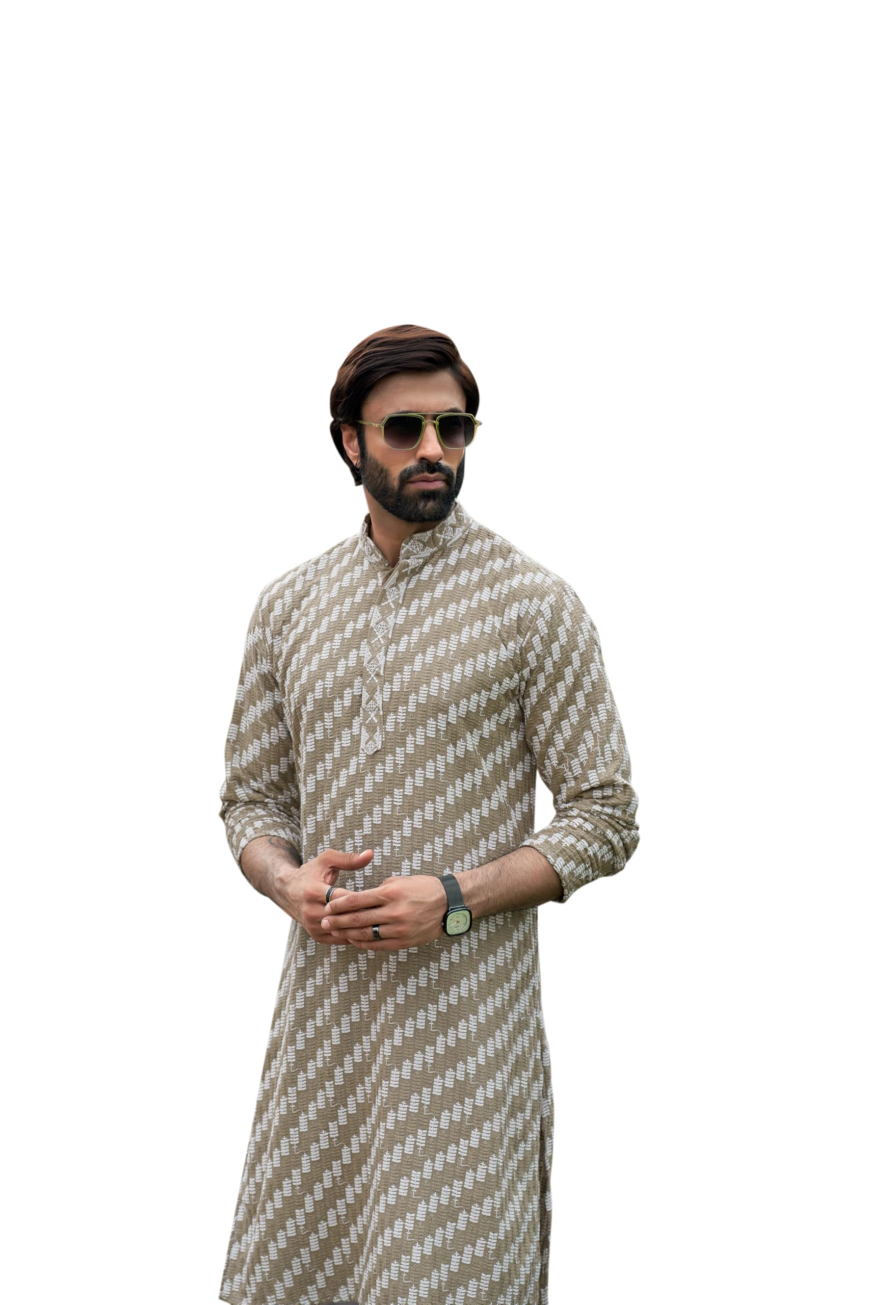 Men’s Traditional Cotton Kurta Pajama Set – Diagonal Pattern Embroidery Regular Fit Kurta Pajama Casual, Festive Ethnic Outfit Kurta Set for Men