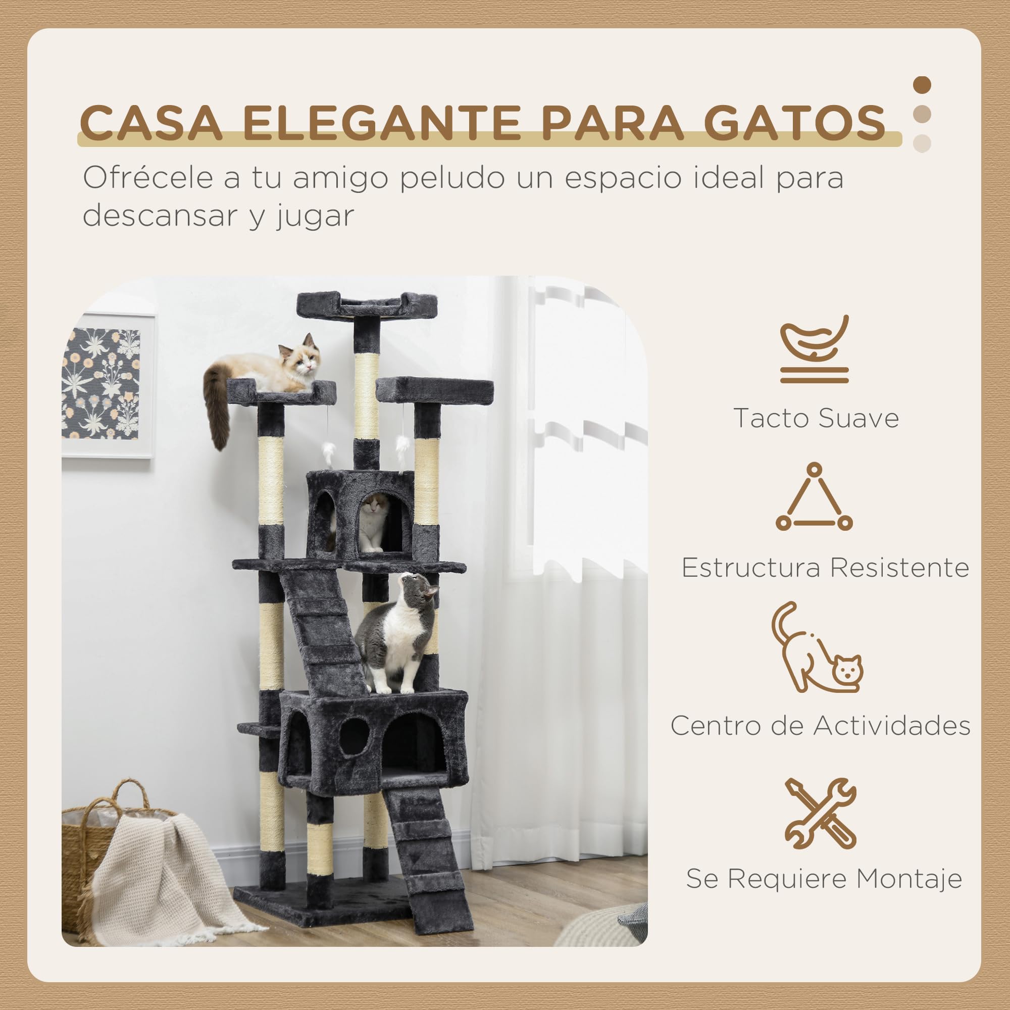 PawHut Árbol Rascador para Gatos Torre Escalador 2 Cuevas 173cm Gris Oscuro | Árbol para Gatos, 3 Camas, 2 Rampas, Postes de Sisal, 2 Ratones Colgantes
