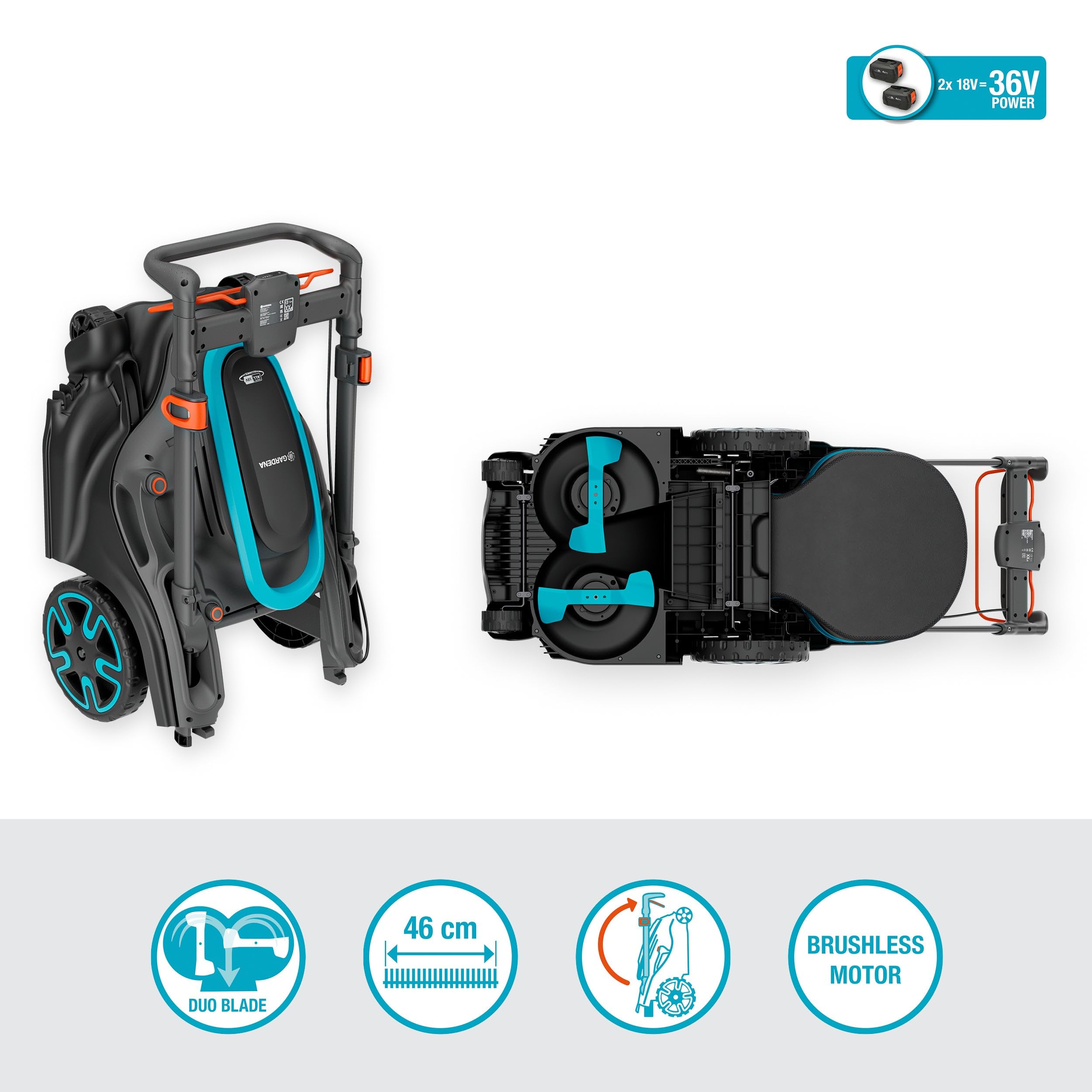 Gardena Tondeuse sur Batterie PowerMax Duo 46/36V P4A 4 Ah - Kit prêt à l'emploi: Haute Performance, Deux Lames Valent Mieux Qu’Une, Idéal pour Les espaces étroits (14646-20)