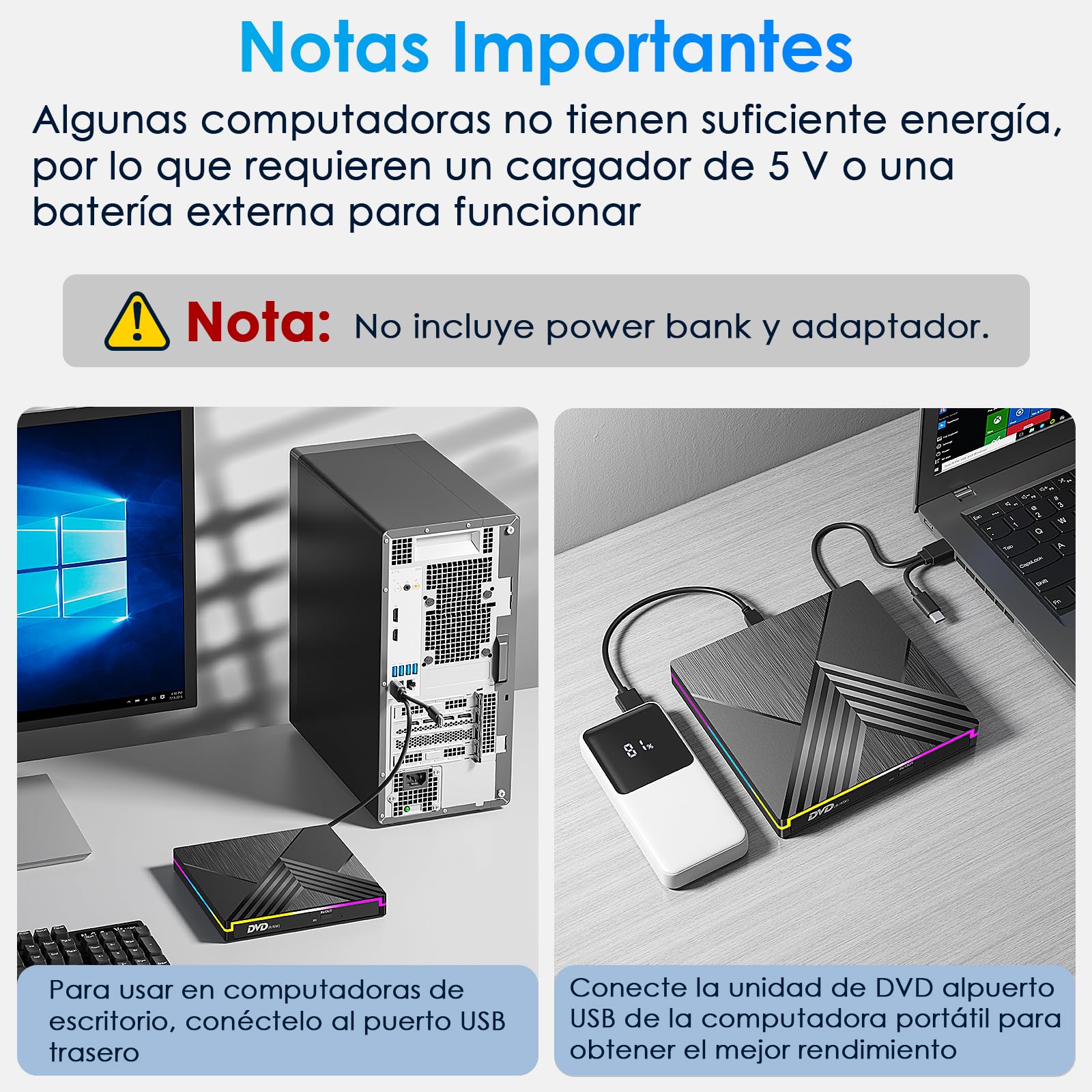 Lector CD DVD Externo, USB 3.0 y Type-C Grabadora CD DVD Unidad Externa, RGB Disquetera Externa CD DVD +/-RW Drive para PC Laptop Desktop MacBook Mac OS Win11/10/8/7/XP Linux Vista