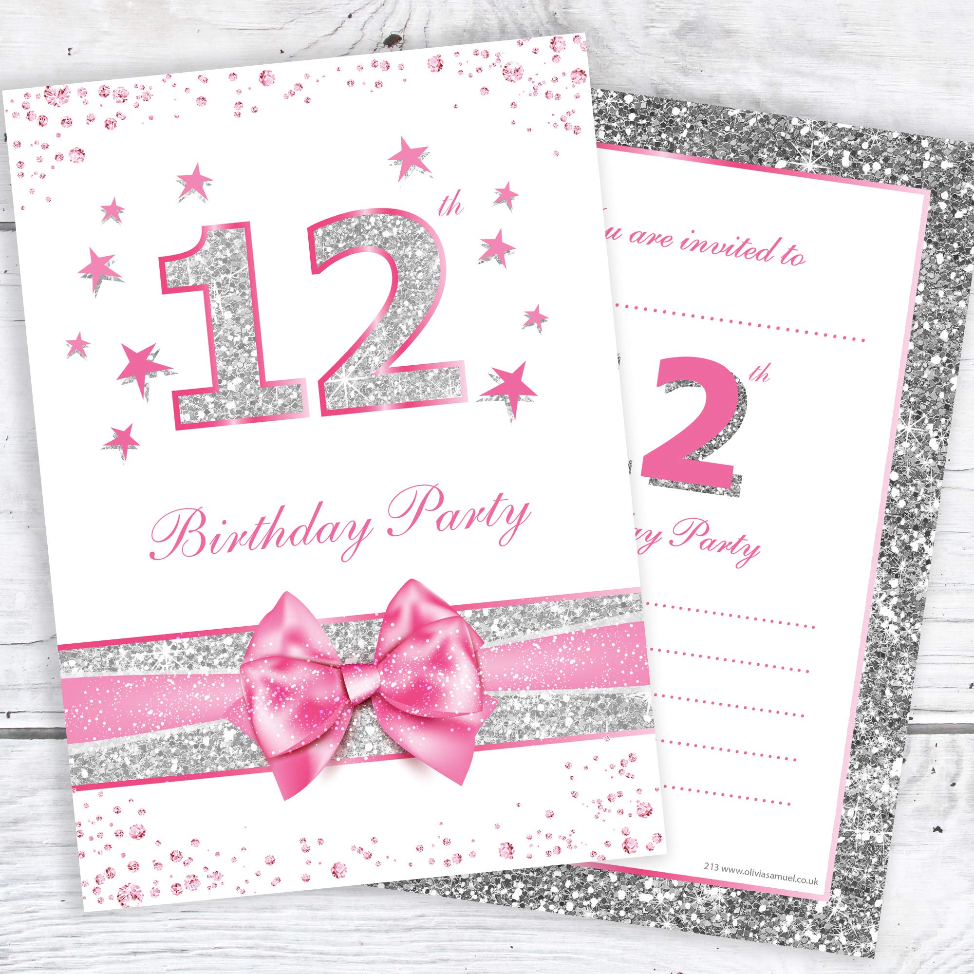 12 biglietti di invito per feste di compleanno con glitter e 12 adesivi + 12 sacchetti regalo