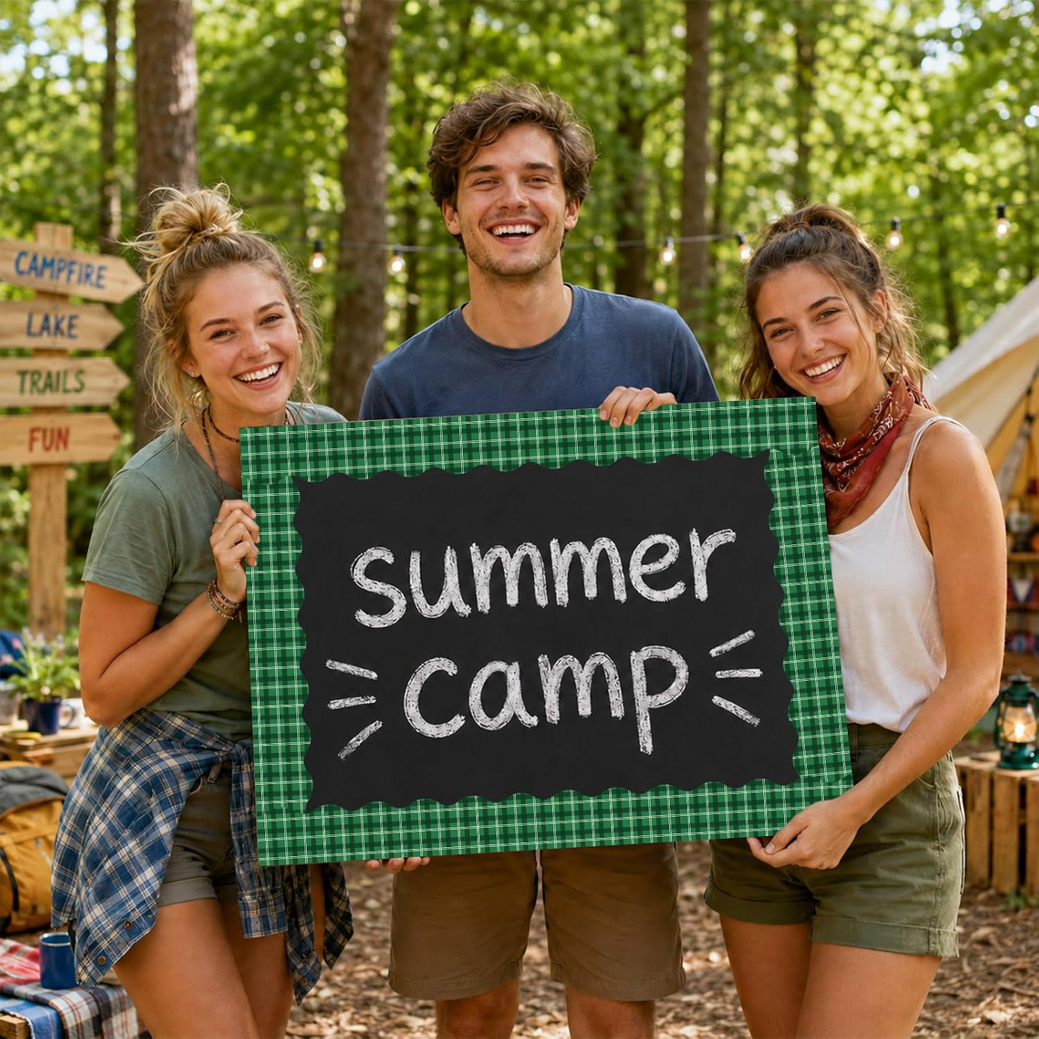 196FT Camping Hiking Bulletin Board Border Back to School Green Tree Bear Tent Decoration Camping Fire Outdoor Adventure Themed Scalloped Borders Trim for Home Classroom Chalkboard Party Wall Decor