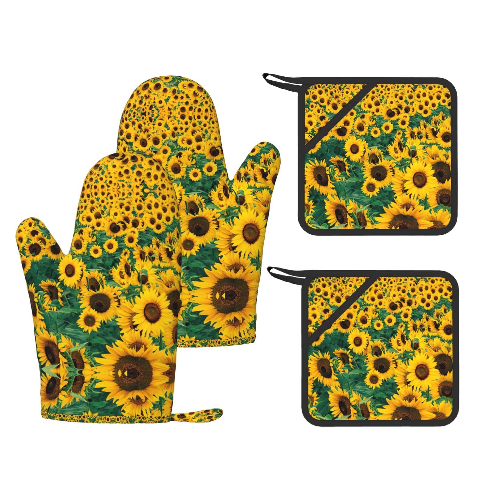 Many beautiful sunflowers Printed Pot Holders and Oven Mitts 4-Piece, Non-Slip Kitchen Gloves with Utensil Pocket for BBQ