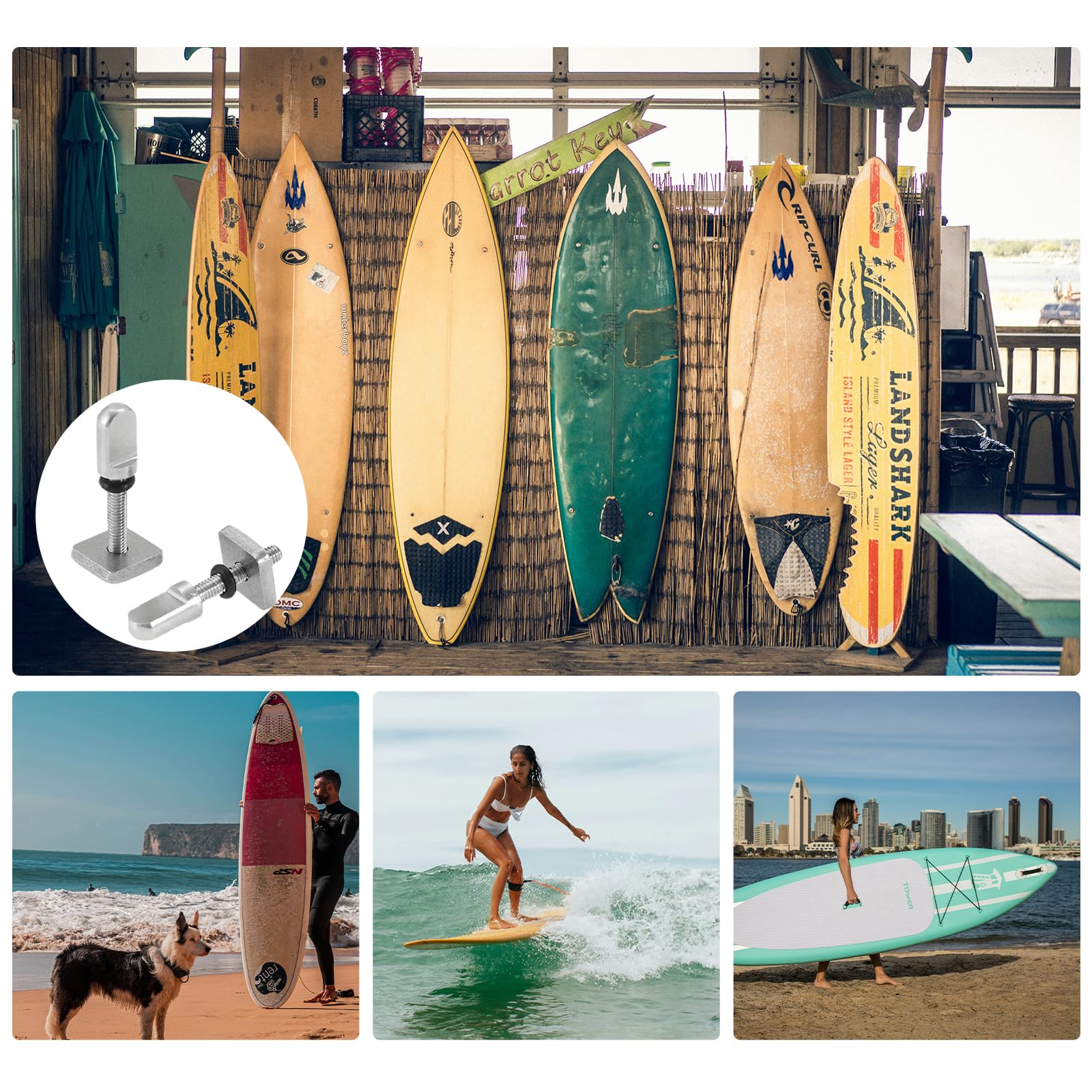 MAEXUS 4 tornillos de aleta para tabla de surf de acero inoxidable 316, M4, tornillos para tabla de surf con anillo de silicona, tornillo de bloqueo de aletas, tornillos universales para tablas de