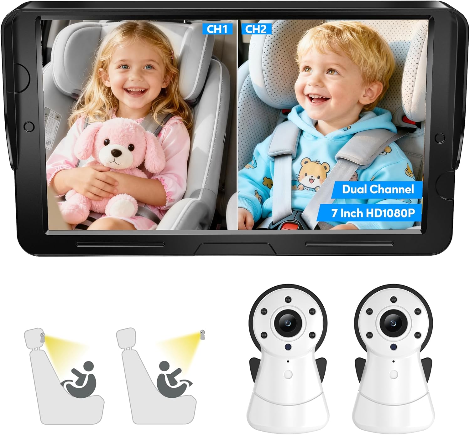 2-Kids Baby Car Camera Dual Monitor – 7 Inch Display with Two Rear Facing Car Seat Cameras, 1080P HD Night Vision IR-CUT, USB Powered Plug and Play Backseat Baby Monitor for Infant & Toddler Safety