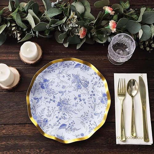 Miniatura 5 de Efavormart - Paquete de 25 platos de postre de papel chinoiserie blanco y azul de 10 pulgadas con borde ondulado dorado, platos desechables redondos