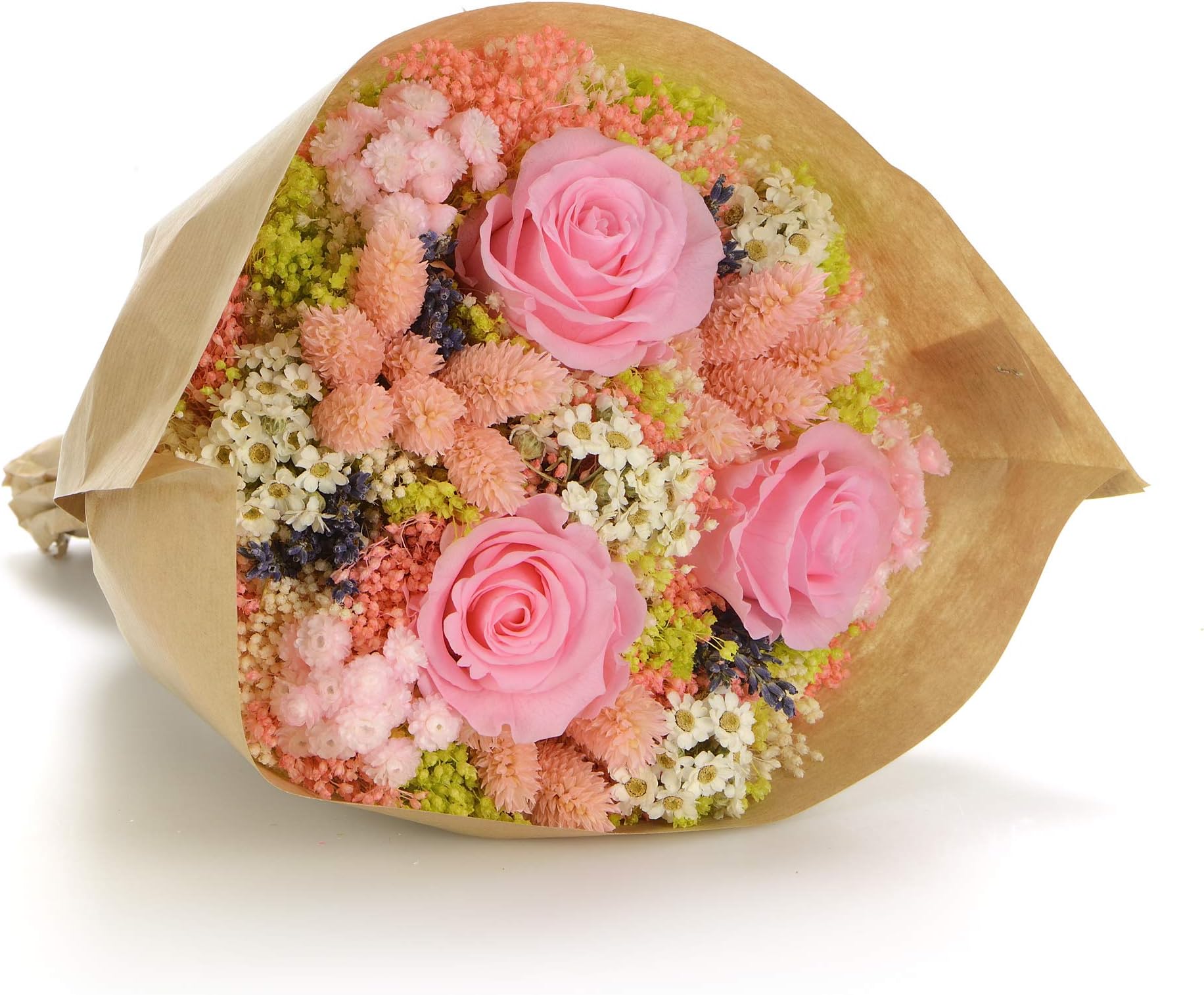 Bouquet Romantic -Sanremo Dried Flowers from The Riviera dei Fiori with Three Rose Preserved Italy (Pink)