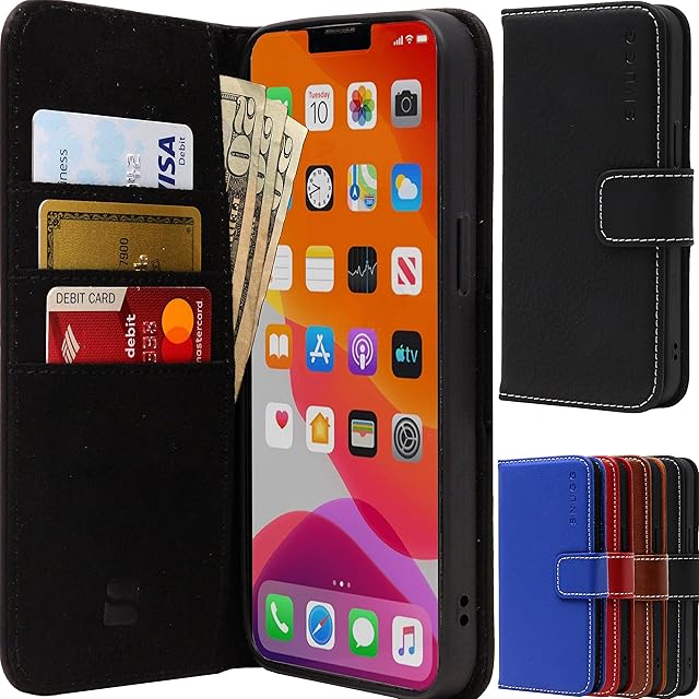 Snugg Leather iPhone 14 Case with Card Holder  Folding Wallet Case with 3 Card Slots, Magnet Closure, and Phone Stand Function  Leather, TPU, and Nubuck iPhone 14 wallet case  Blackest Black
