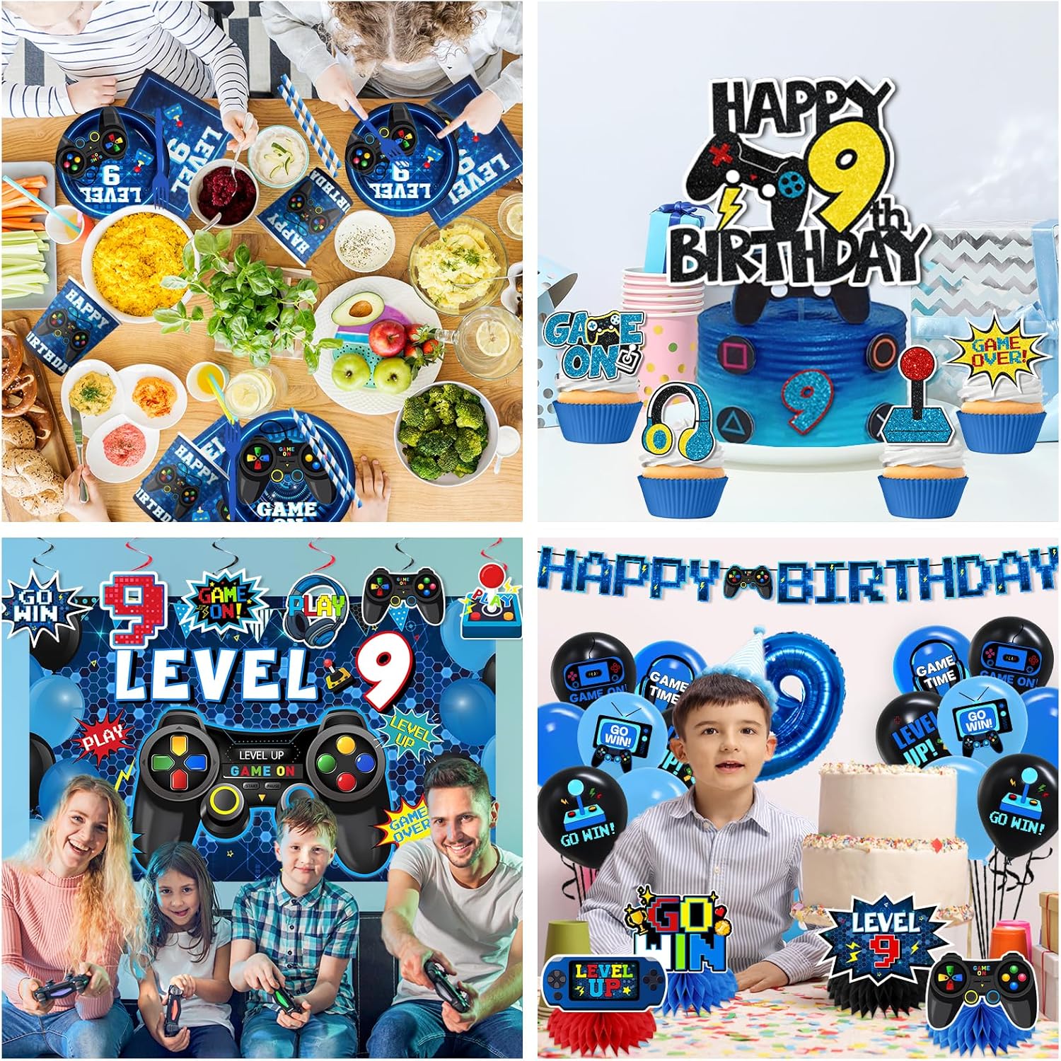 9th Birthday Decorations for Boys,197pcs Gamer Birthday Party Decorations Level 9 Birth day Decorations Plates and Napkins Cups Tablecloth Banner Honeycomb for Video Game Party Decorations