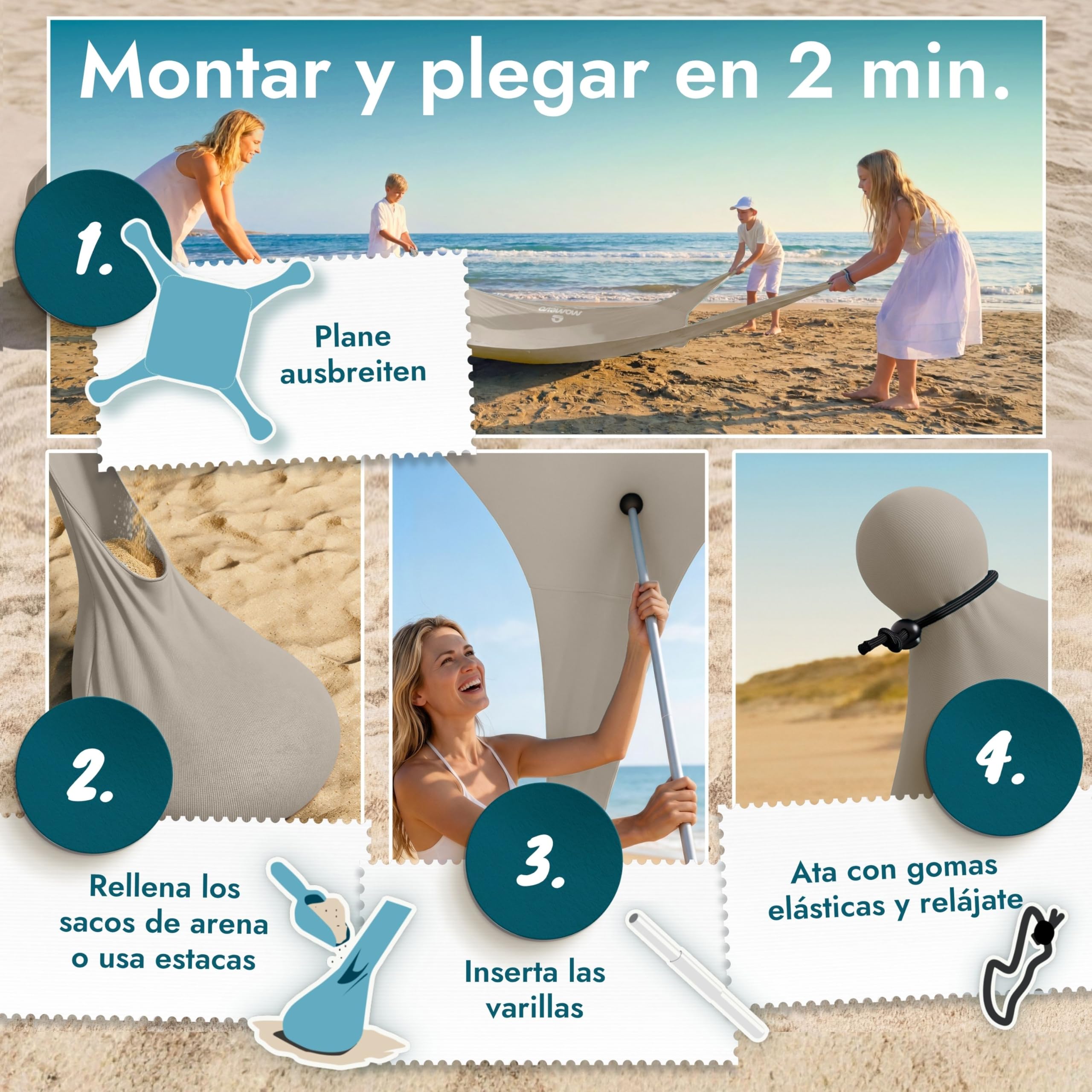 Tienda de Playa con toldo Solar – Refugio de Playa con protección UV UPF 50+, Resistente al Viento y Ligera, Tienda de Playa de Nueva generación (2 Barras, Arena)