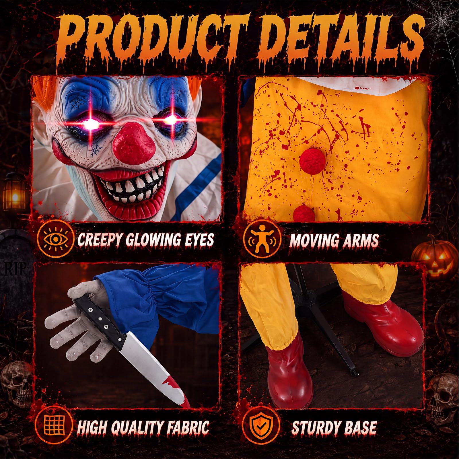 Soulchen Clown animatronique d'Halloween de 1,7 m, accessoire grandeur
