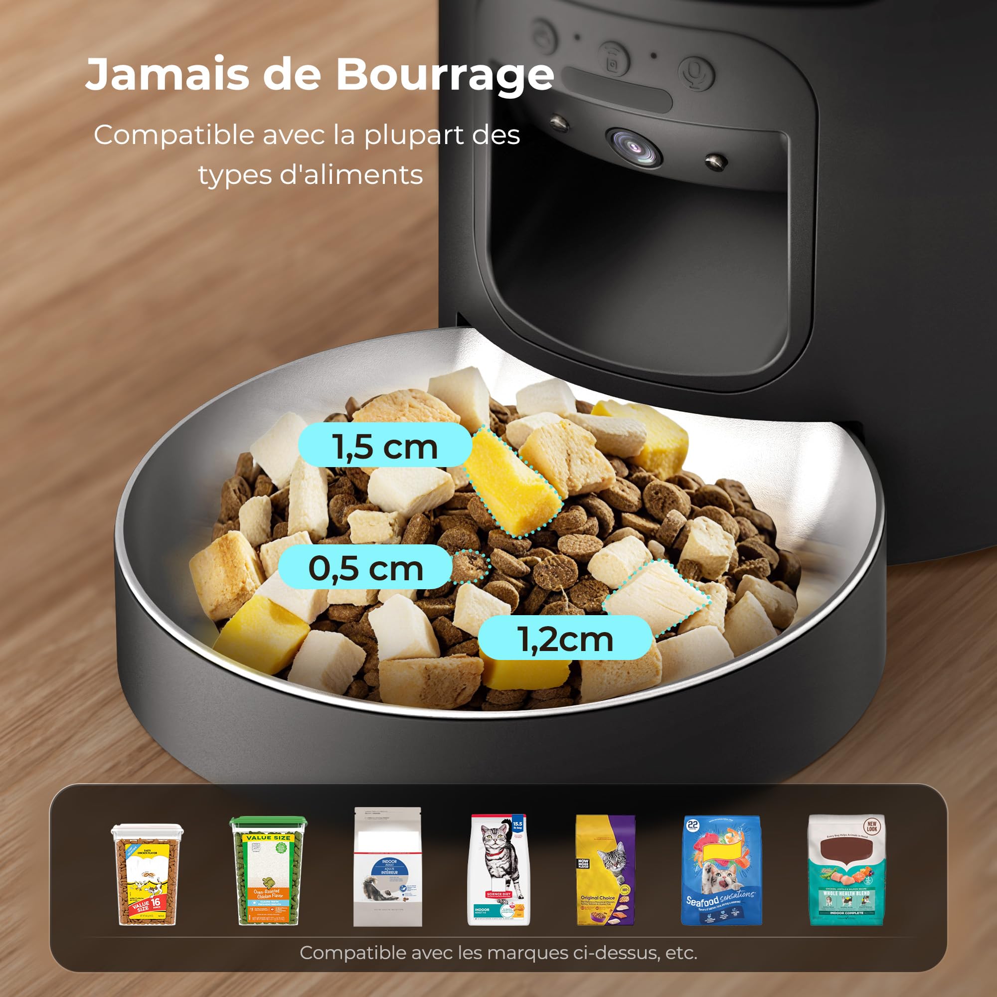 Distributeur Croquettes Chat Automatique, WiFi Caméra, Bol Inoxydable, Programmable & Portionnée, Batterie de Secour - PF4 Noir - Vision Suivi, Mode de Repas Lent
