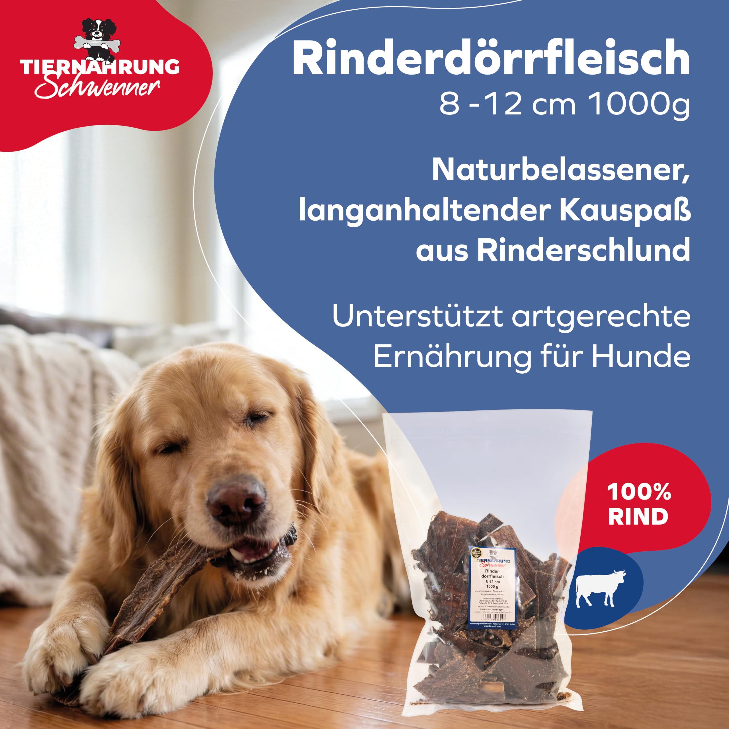 Rinderdörrfleisch für Hunde - 8-12 cm leckere Kaustangen - Hundeleckerli aus Trockenfleisch - 1000g Hundesnack