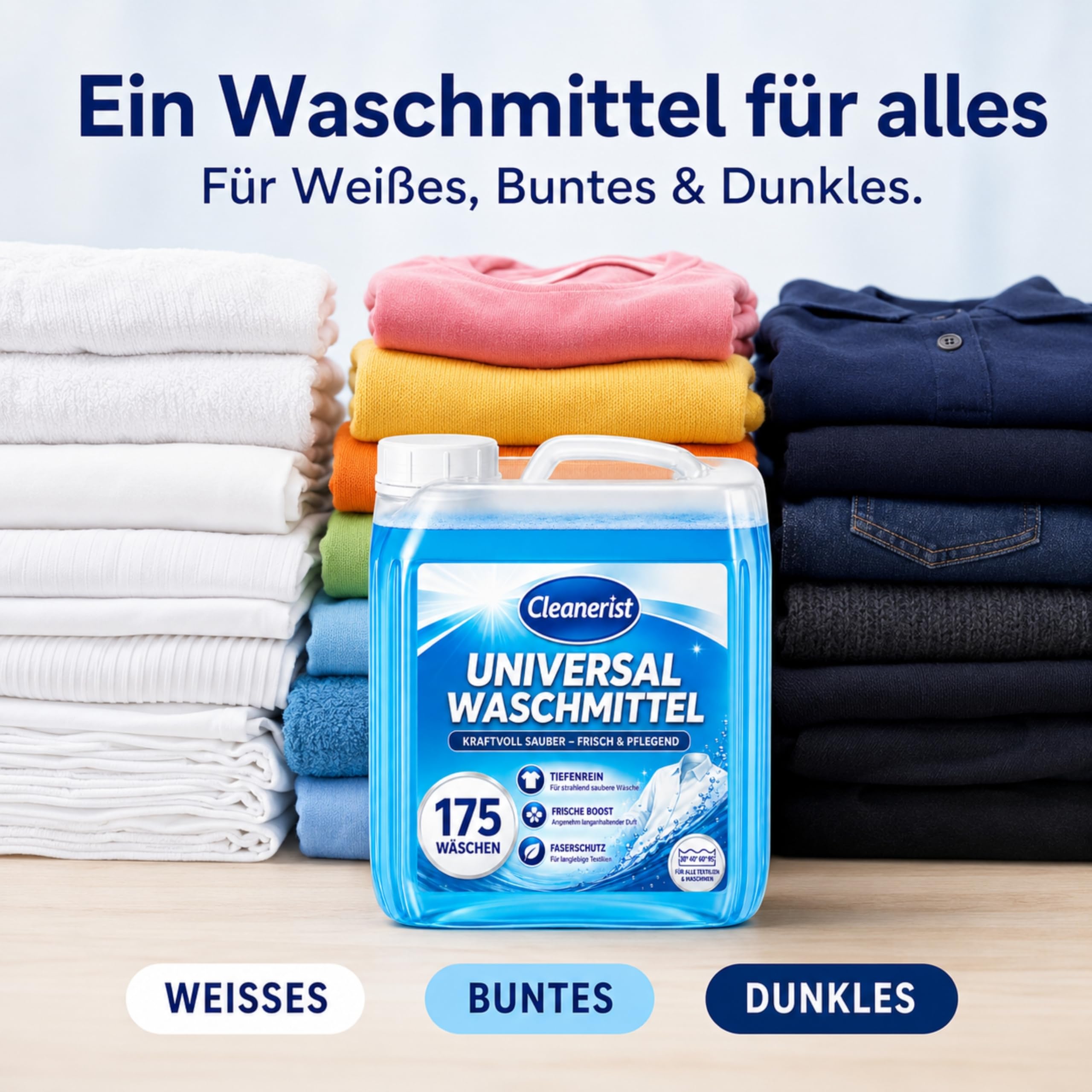 Cleanerist | Universal Flüssigwaschmittel Vollwaschmittel – 2x 5L Großpackung – für Weiß- Bunt- Schwarz- und Kochwäsche – bis zu 400 Waschladungen – inkl. Ausgießer – Made in Germany
