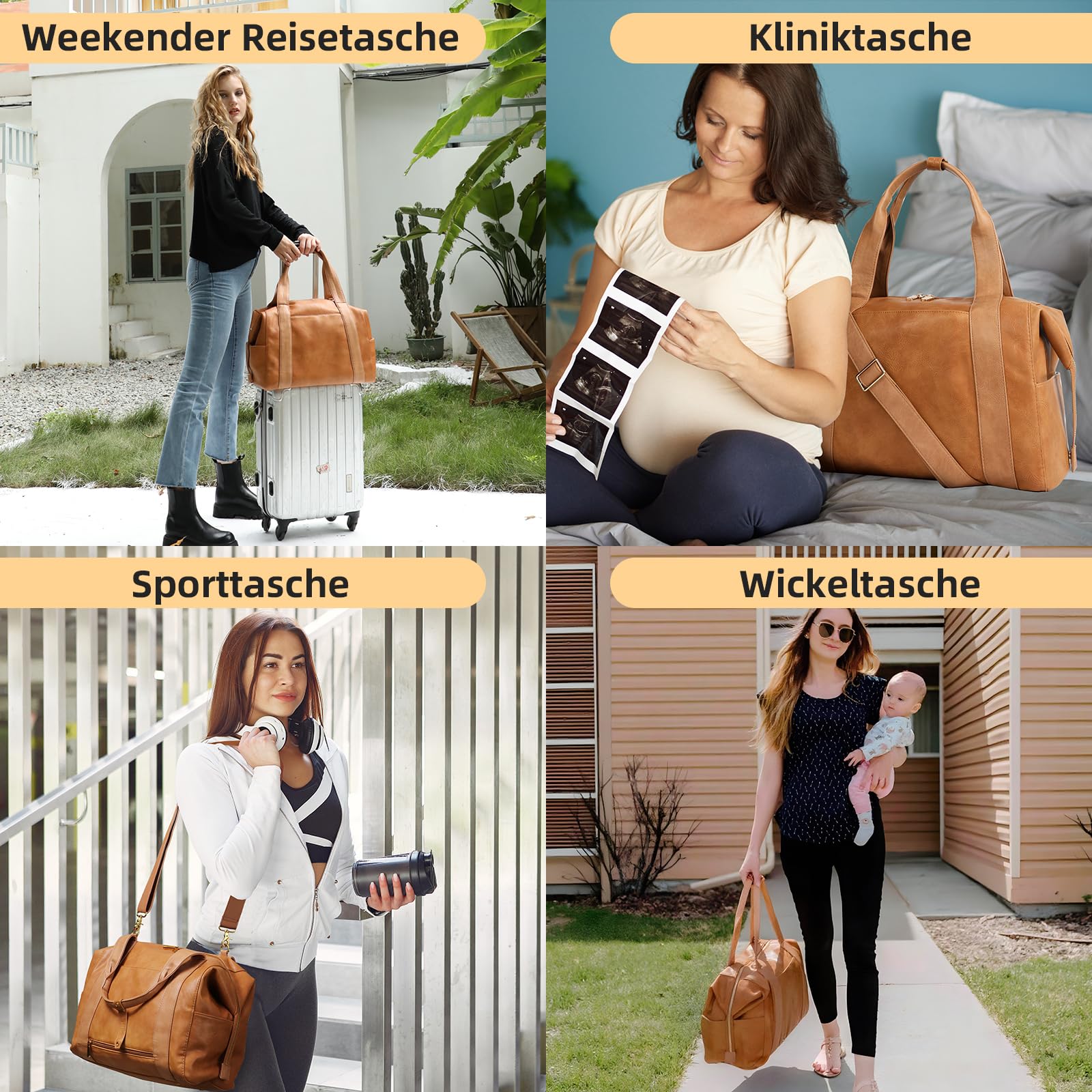 MISS FONG Reisetasche Travelite Sporttasche Reisetasche Damen Herren Weekender Große Wickeltasche PU-Leder Wickelrucksack Babytasche Kliniktasche 29L Handgepäcktasche für Reisen Fitness Business-Braun