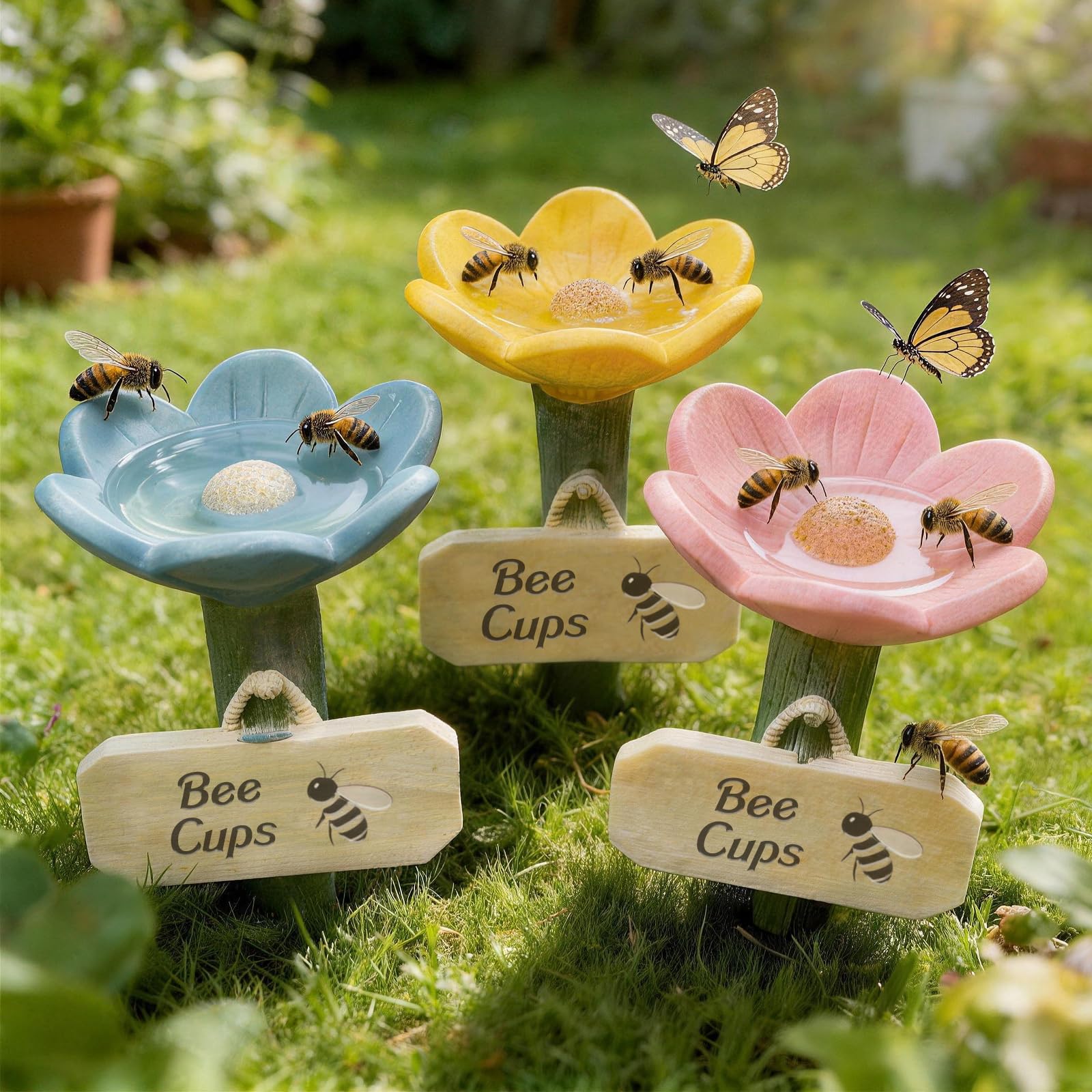 3Pcs Cups for Bees, 2026 New Flower Shaped Bee Watering Station for Thirsty Pollinator Garden, Outdoor Butterfly Drinking Feeder, Eco-Friendly Water Bowl for Yard, Lawn, Patio Decor (3Pcs(Mix Color))