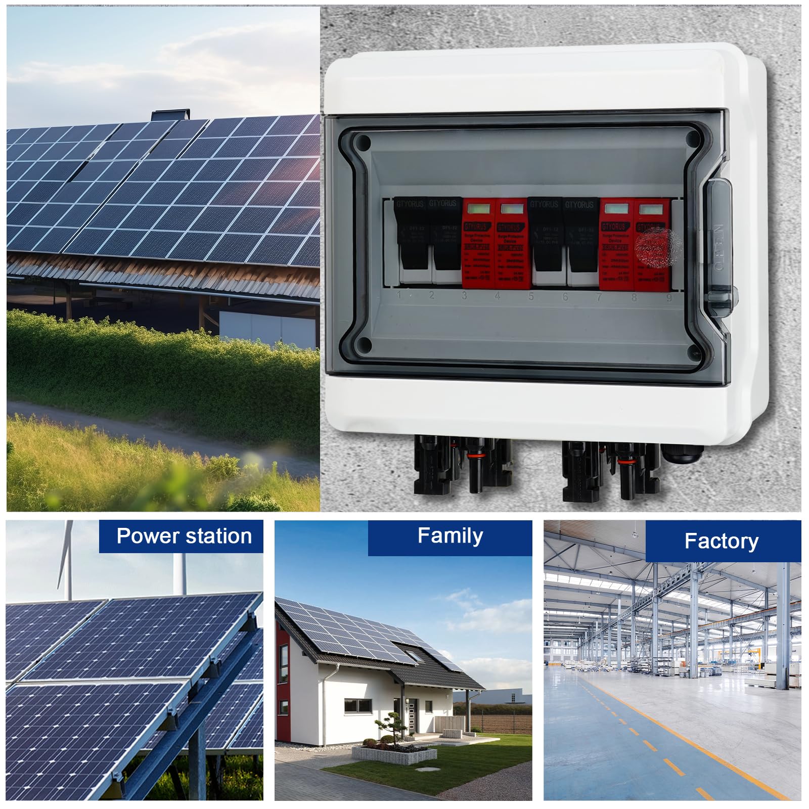 Scatola di Giunzione Solare Fotovoltaica, IP65 Scatola di Fusibili 2P DC 1000V 32A con Protezione Dalle Sovratensioni, 2 Stringhe di 9 Moduli (2 in 2 uscita)