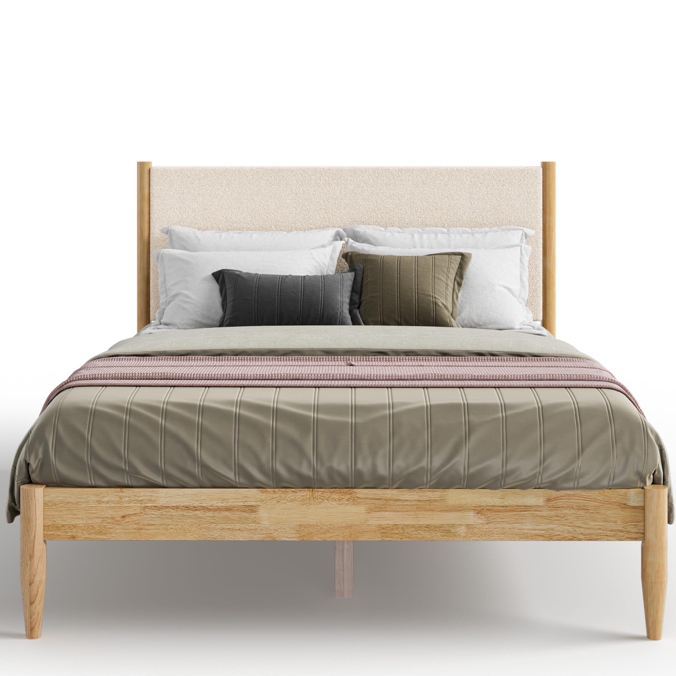 DG Casa Reign Mid-Century Modern Platform Queen Bed Frame - Taupe Boucle Upholstered Bed with Natural Solid Wood Frame
